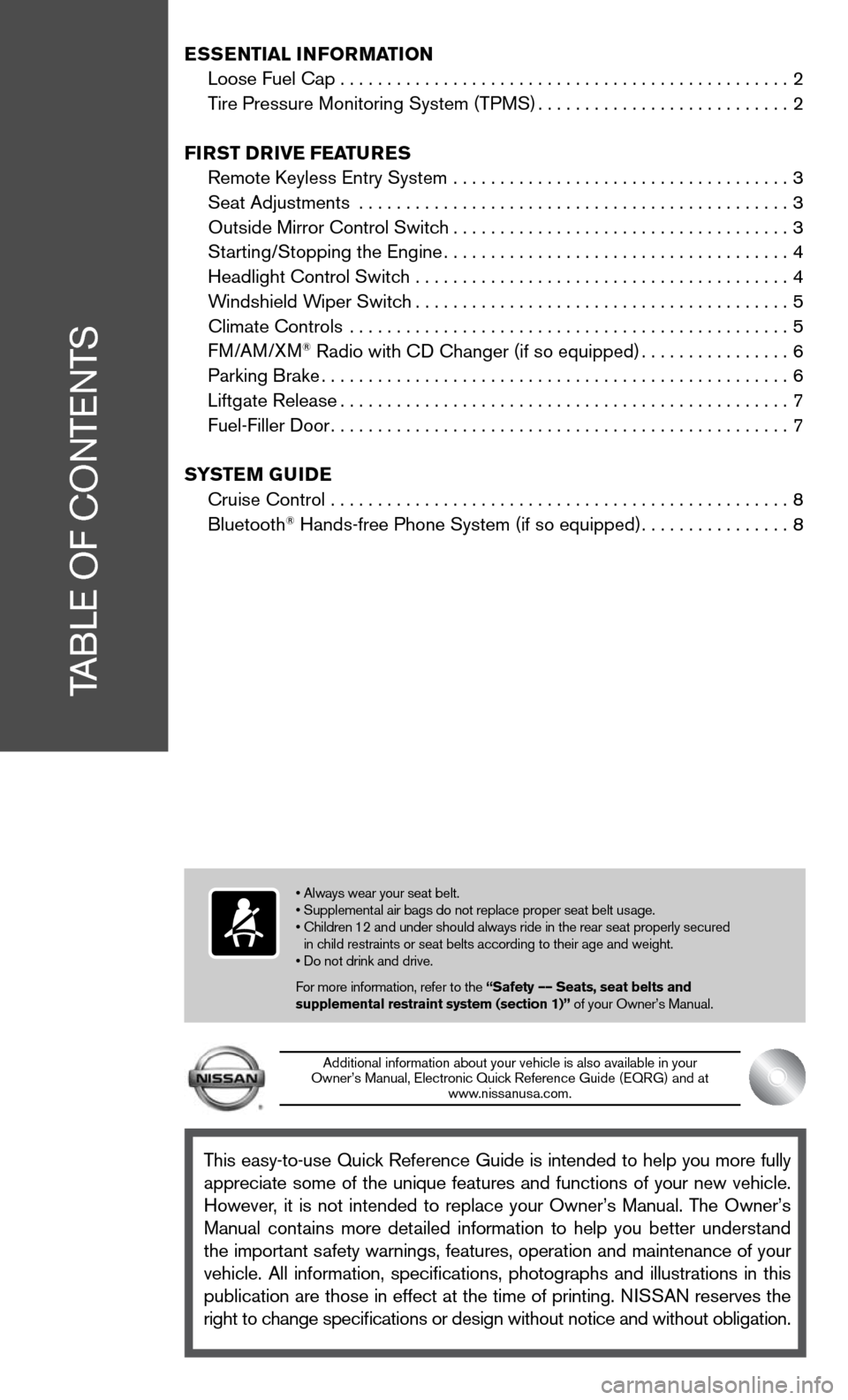 NISSAN XTERRA 2011 N50 / 2.G Quick Reference Guide This easy-to-use Quick Reference Guide is intended to help you more fully 
appreciate  some  of  the  unique  features  and  functions  of  your  new  vehicle.
However,  it  is  not  intended  to  rep