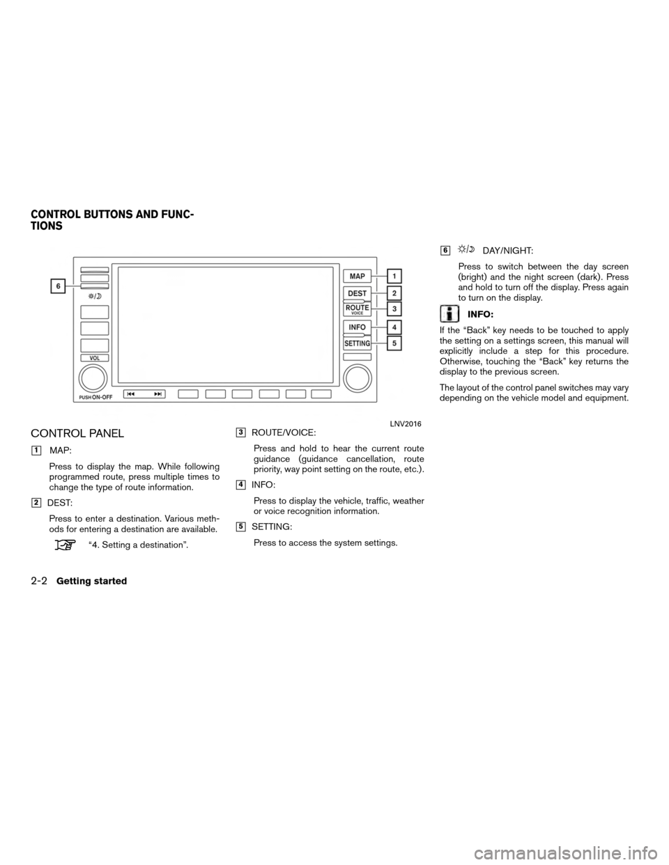 NISSAN ALTIMA COUPE 2012 D32 / 4.G Navigation Manual CONTROL PANEL
1MAP:
Press to display the map. While following
programmed route, press multiple times to
change the type of route information.
2DEST: Press to enter a destination. Various meth-
ods f NISSAN ALTIMA COUPE 2012 D32 / 4.G Navigation Manual CONTROL PANEL
1MAP:
Press to display the map. While following
programmed route, press multiple times to
change the type of route information.
2DEST: Press to enter a destination. Various meth-
ods f