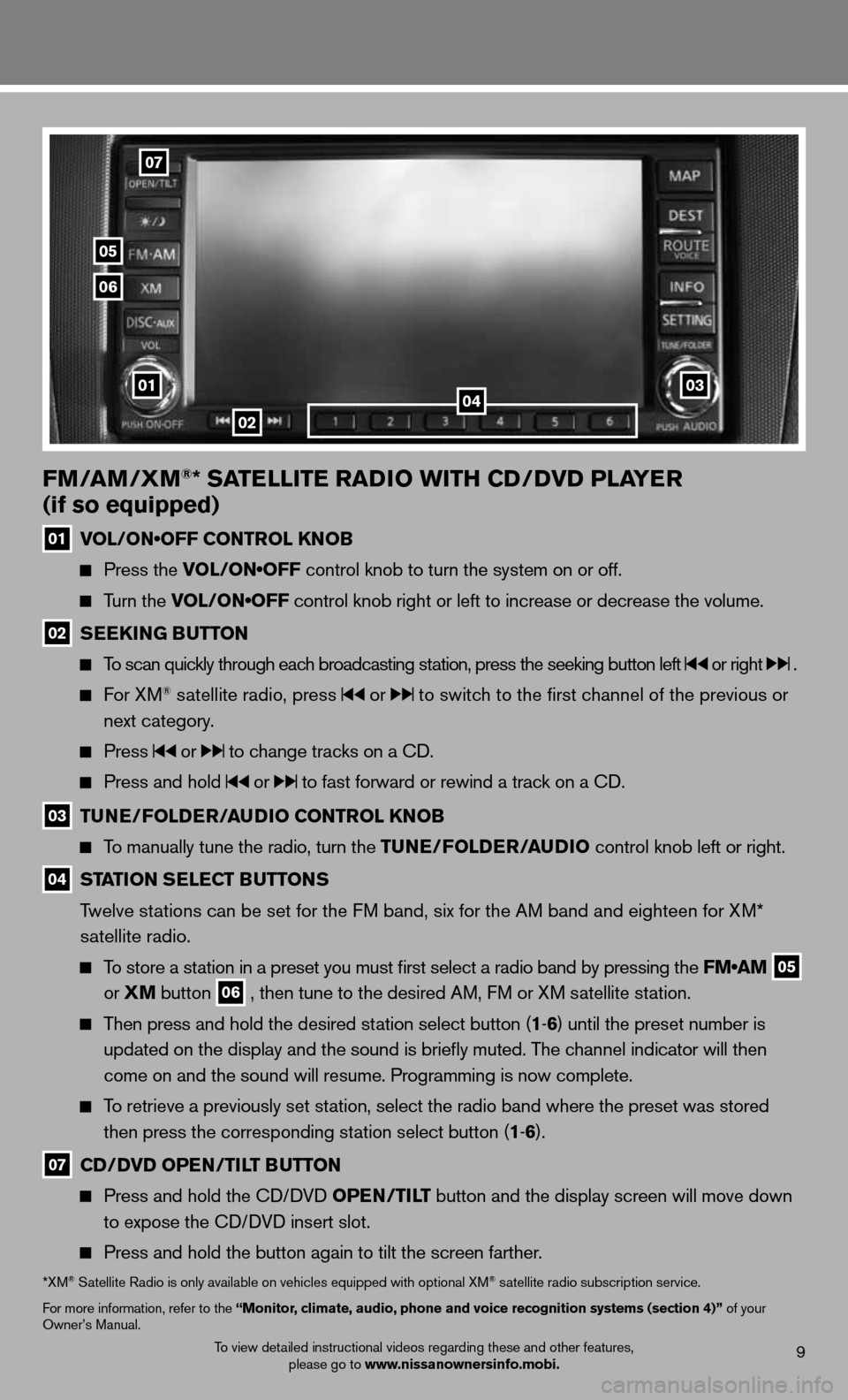 NISSAN ALTIMA COUPE 2012 D32 / 4.G Quick Reference Guide To view detailed instructional videos regarding these and other features, please go to www.nissanownersinfo.mobi.9
FM/AM/XM®* SATELLITE RADIO WITh CD/DVD PLAYER
(if so equipped)
01 VOL/ON•OFF CON NISSAN ALTIMA COUPE 2012 D32 / 4.G Quick Reference Guide To view detailed instructional videos regarding these and other features, please go to www.nissanownersinfo.mobi.9
FM/AM/XM®* SATELLITE RADIO WITh CD/DVD PLAYER
(if so equipped)
01 VOL/ON•OFF CON
