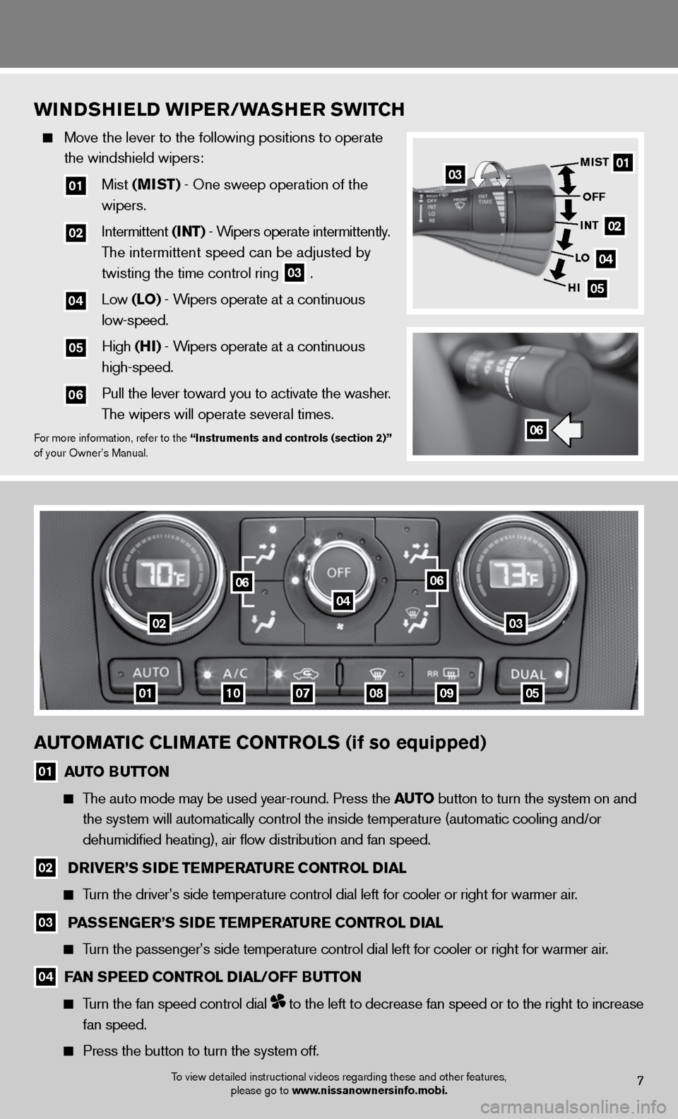 NISSAN ALTIMA COUPE 2012 D32 / 4.G Quick Reference Guide AUTOMATIC CLIMATE CONTROLS (if so equipped)
01 AUTO BUTTON
The auto mode may be used year-round. Press the AUTO button to turn the system on and
the system will automatically control t NISSAN ALTIMA COUPE 2012 D32 / 4.G Quick Reference Guide AUTOMATIC CLIMATE CONTROLS (if so equipped)
01 AUTO BUTTON
The auto mode may be used year-round. Press the AUTO button to turn the system on and
the system will automatically control t
