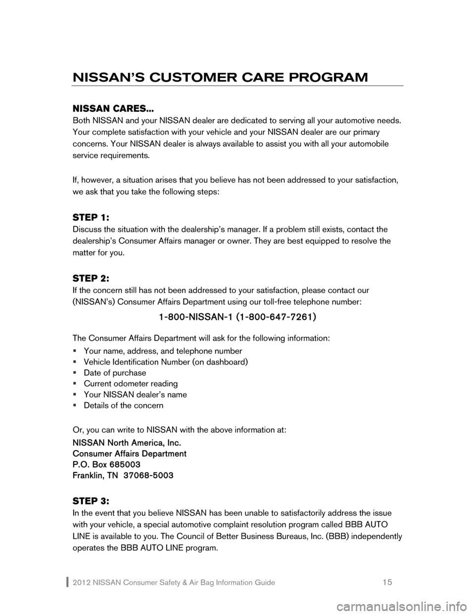 NISSAN CUBE 2012 3.G Consumer Safety Air Bag Information Guide 2012 NISSAN Consumer Safety & Air Bag Information Guide                                                   15 
NISSAN’S CUSTOMER CARE PROGRAM 
 
NISSAN CARES... 
Both NISSAN and your NISSAN dealer ar