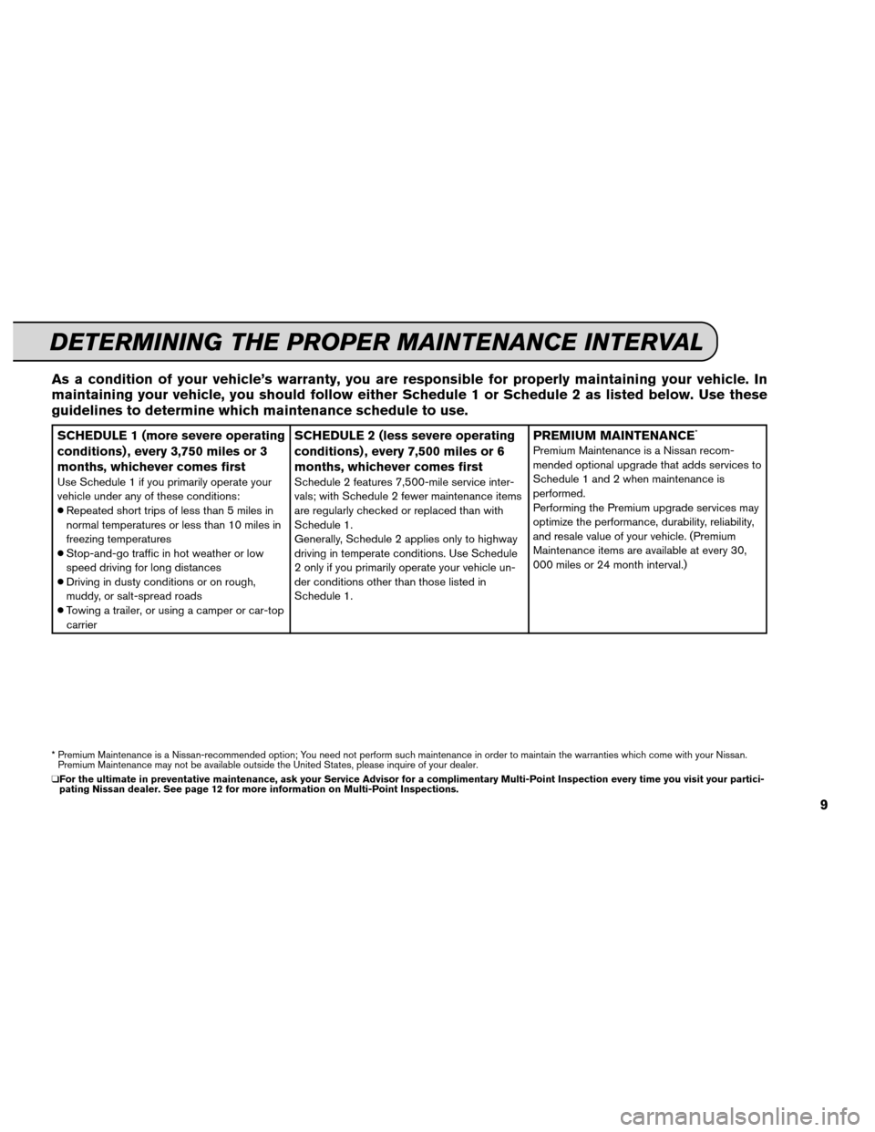 NISSAN MAXIMA 2012 A35 / 7.G Service And Maintenance Guide As a condition of your vehicle’s warranty, you are responsible for properly maintaining your vehicle. In
maintaining your vehicle, you should follow either Schedule 1 or Schedule 2 as listed below. NISSAN MAXIMA 2012 A35 / 7.G Service And Maintenance Guide As a condition of your vehicle’s warranty, you are responsible for properly maintaining your vehicle. In
maintaining your vehicle, you should follow either Schedule 1 or Schedule 2 as listed below.