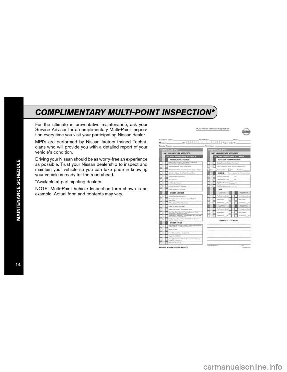 NISSAN MAXIMA 2012 A35 / 7.G Service And Maintenance Guide For the ultimate in preventative maintenance, ask your
Service Advisor for a complimentary Multi-Point Inspec-
tion every time you visit your participating Nissan dealer.
MPI’s are performed by Niss
