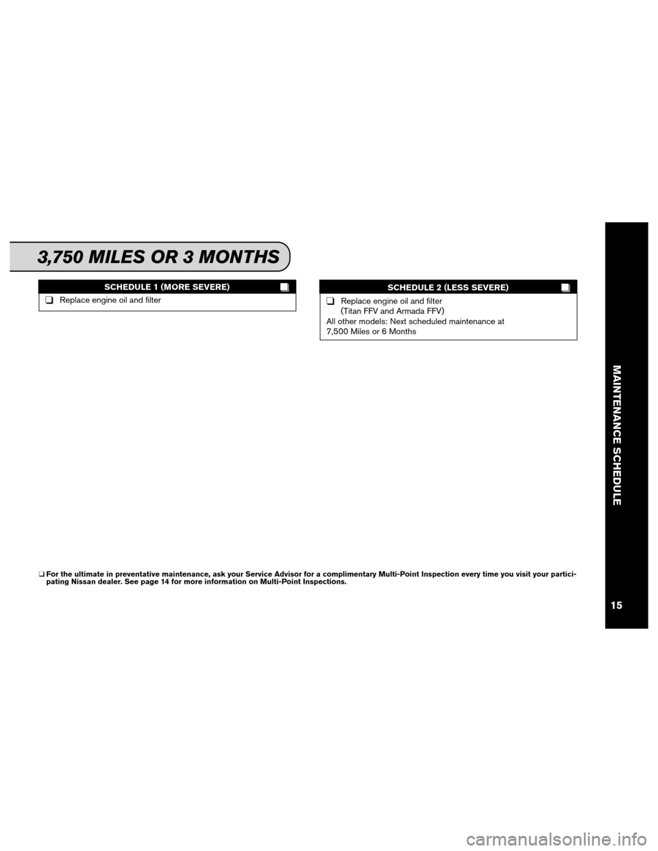 NISSAN MAXIMA 2012 A35 / 7.G Service And Maintenance Guide SCHEDULE 1 (MORE SEVERE)
❑Replace engine oil and filterSCHEDULE 2 (LESS SEVERE)❑Replace engine oil and filter
(Titan FFV and Armada FFV)
All other models: Next scheduled maintenance at
7,500 Miles