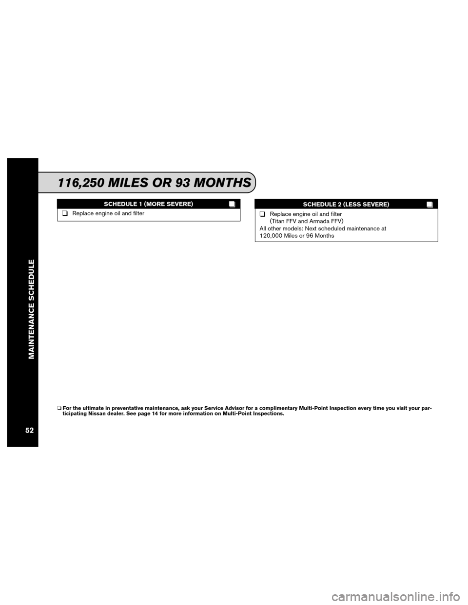 NISSAN MAXIMA 2012 A35 / 7.G Service And Maintenance Guide SCHEDULE 1 (MORE SEVERE)
❑Replace engine oil and filterSCHEDULE 2 (LESS SEVERE)❑Replace engine oil and filter
(Titan FFV and Armada FFV)
All other models: Next scheduled maintenance at
120,000 Mil