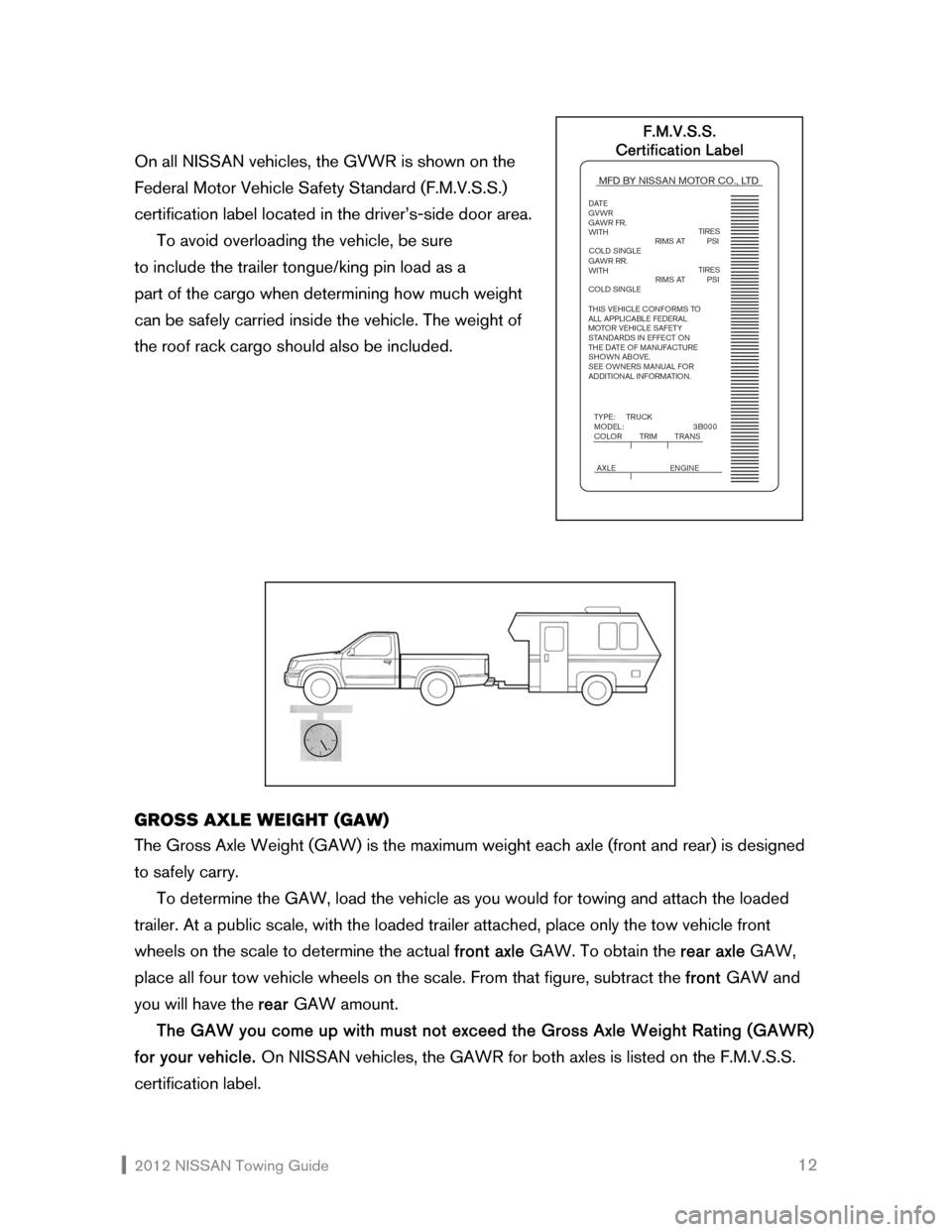 NISSAN CUBE 2012 3.G Towing Guide 2012 NISSAN Towing Guide 12 On all NISSAN vehicles, the GVWR is shown on the
Federal Motor Vehicle Safety Standard (F.M.V.S.S.)
certification label located in the driver’s-side door area.
NISSAN CUBE 2012 3.G Towing Guide 2012 NISSAN Towing Guide 12 On all NISSAN vehicles, the GVWR is shown on the
Federal Motor Vehicle Safety Standard (F.M.V.S.S.)
certification label located in the driver’s-side door area.