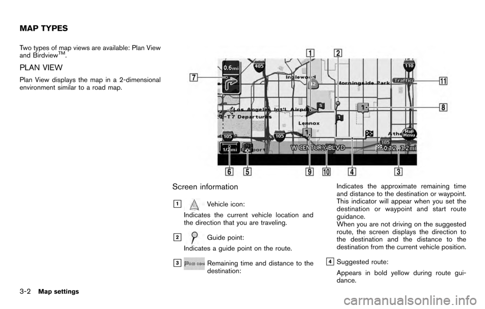 NISSAN PATHFINDER 2012 R52 / 4.G 06IT Navigation Manual Two types of map views are available: Plan View
and BirdviewTM.
PLAN VIEW
Plan View displays the map in a 2-dimensional
environment similar to a road map.
Screen information
&1Vehicle icon:
Indicates 