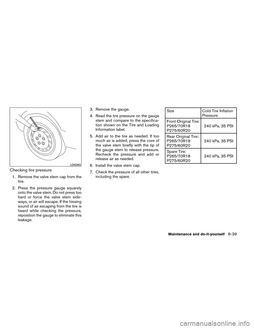 NISSAN ARMADA 2012 1.G Owners Manual Checking tire pressure
1. Remove the valve stem cap from thetire.
2. Press the pressure gauge squarely onto the valve stem. Do not press too
hard or force the valve stem side-
ways, or air will escape NISSAN ARMADA 2012 1.G Owners Manual Checking tire pressure
1. Remove the valve stem cap from thetire.
2. Press the pressure gauge squarely onto the valve stem. Do not press too
hard or force the valve stem side-
ways, or air will escape