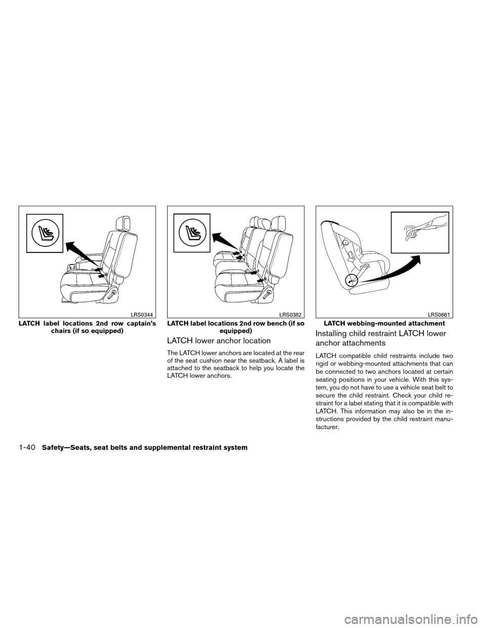 NISSAN ARMADA 2012 1.G Owners Manual LATCH lower anchor location
The LATCH lower anchors are located at the rear
of the seat cushion near the seatback. A label is
attached to the seatback to help you locate the
LATCH lower anchors.
Insta