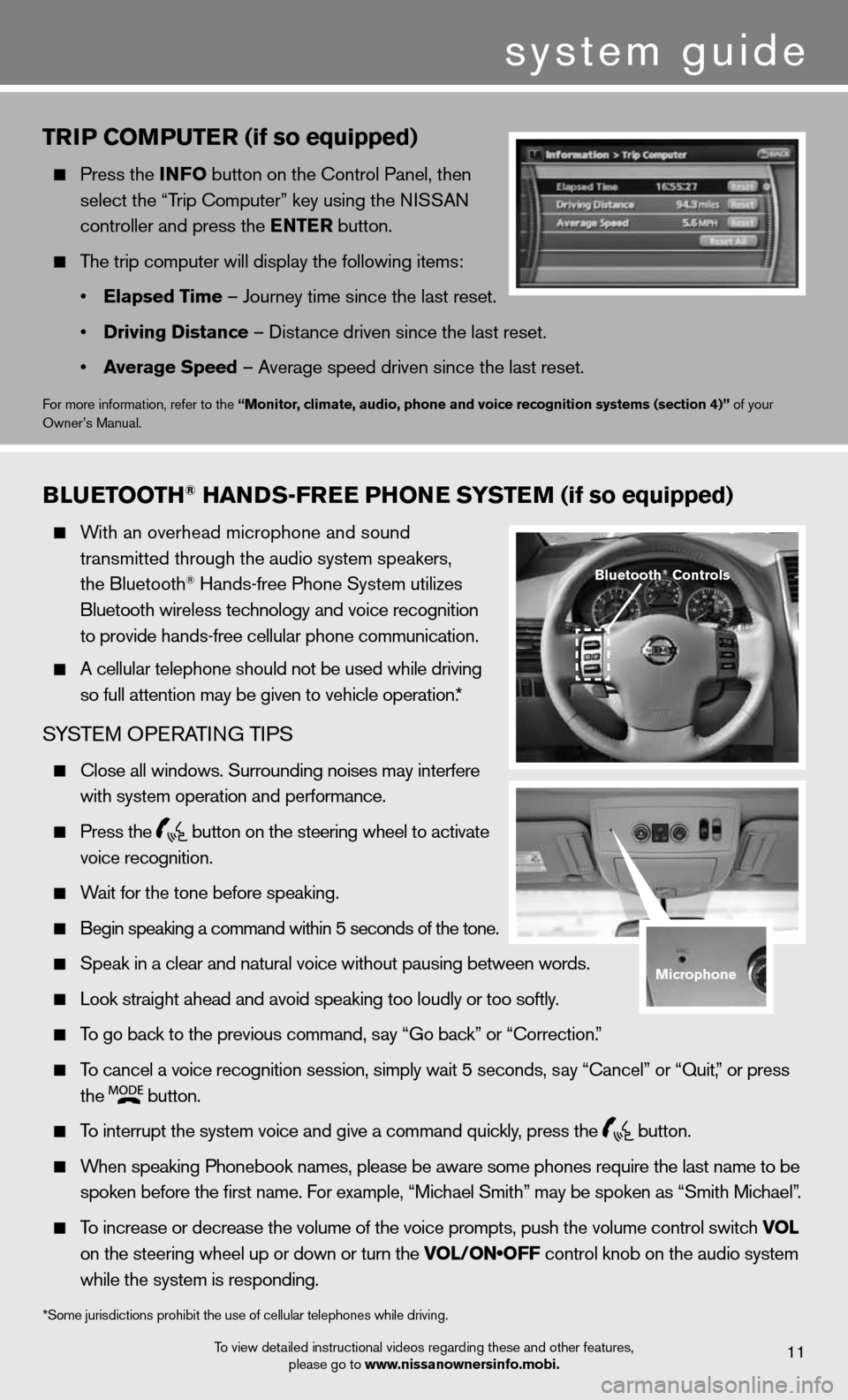 NISSAN ARMADA 2012 1.G Quick Reference Guide system guide
triP Com PutEr (if so equipped)
  Press the info  button on the control Panel, then 
    select the “Trip computer” key using the ni SSAn 
    controller and press the E ntEr button. 