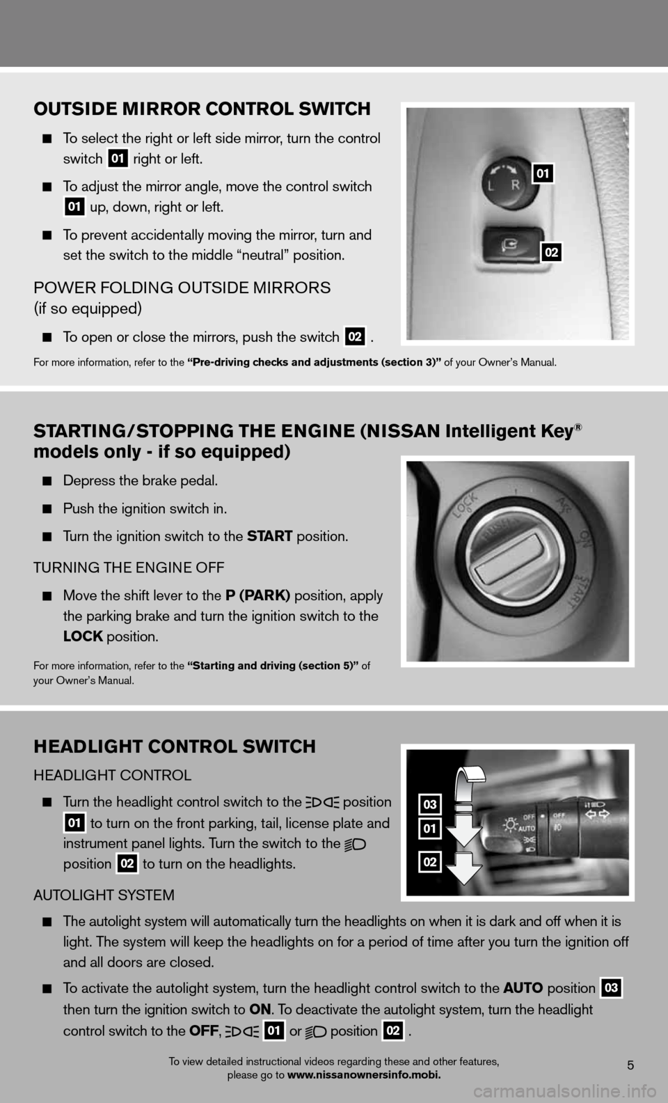 NISSAN ARMADA 2012 1.G Quick Reference Guide outsiDE mirror Control sWit Ch
To select the right or left side mirror , turn the control
switch
01 right or left.
To adjust the mirror angle, move the control switch
01 up, down, righ NISSAN ARMADA 2012 1.G Quick Reference Guide outsiDE mirror Control sWit Ch
To select the right or left side mirror , turn the control
switch
01 right or left.
To adjust the mirror angle, move the control switch
01 up, down, righ