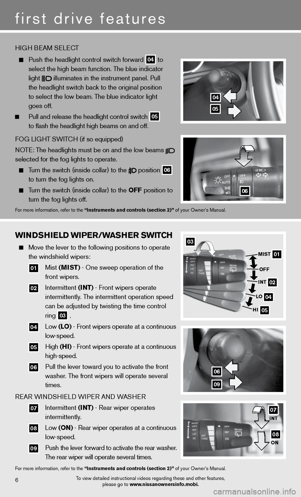 NISSAN ARMADA 2012 1.G Quick Reference Guide WinDshiEl D WiPEr/W ashEr sW itCh
Move the lever to the following positions to operate
the windshield wipers:
01 Mist (mist) - One sweep operation of the
front wipers.
02 i NISSAN ARMADA 2012 1.G Quick Reference Guide WinDshiEl D WiPEr/W ashEr sW itCh
Move the lever to the following positions to operate
the windshield wipers:
01 Mist (mist) - One sweep operation of the
front wipers.
02 i