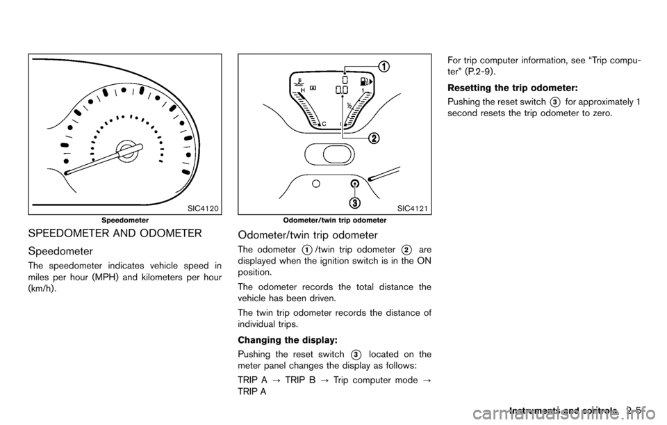 NISSAN CUBE 2012 3.G Owners Manual SIC4120
Speedometer
SPEEDOMETER AND ODOMETER
Speedometer
The speedometer indicates vehicle speed in
miles per hour (MPH) and kilometers per hour
(km/h) .
SIC4121
Odometer/twin trip odometer
Odometer/t