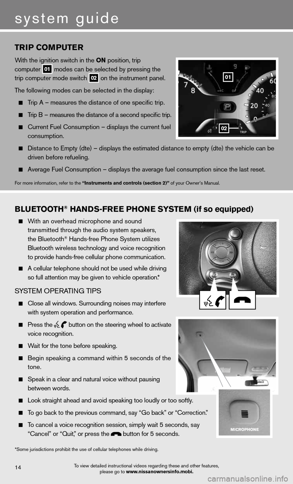 NISSAN CUBE 2012 3.G Quick Reference Guide BLueTOOTH® HaNDS-Free PHONe SYSTeM (if so equipped)
With an overhead microphone and sound
transmitted through the audio system speakers,
the Bluetooth
® Hands-free Phone System utilizes NISSAN CUBE 2012 3.G Quick Reference Guide BLueTOOTH® HaNDS-Free PHONe SYSTeM (if so equipped)
With an overhead microphone and sound
transmitted through the audio system speakers,
the Bluetooth
® Hands-free Phone System utilizes