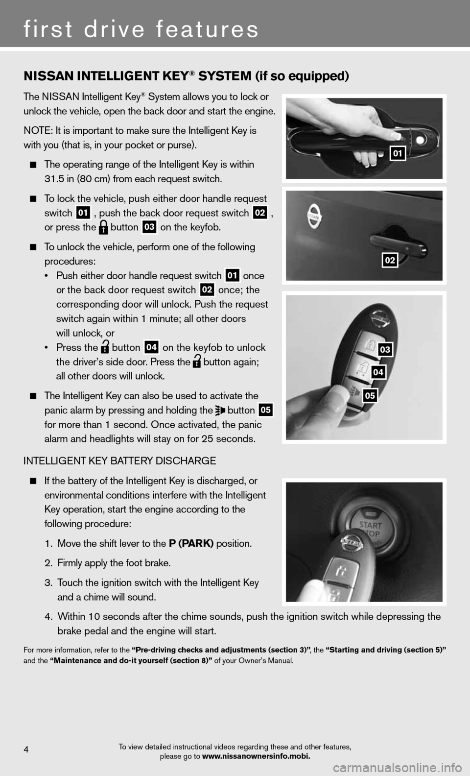 NISSAN CUBE 2012 3.G Quick Reference Guide NISSaN INTeLLIGeNT K eY® SYSTe M (if so equipped)
The niSSAn intelligent k ey® System allows you to lock or
unlock the vehicle, open the back door and start the engine.
n OTe: it is important to ma NISSAN CUBE 2012 3.G Quick Reference Guide NISSaN INTeLLIGeNT K eY® SYSTe M (if so equipped)
The niSSAn intelligent k ey® System allows you to lock or
unlock the vehicle, open the back door and start the engine.
n OTe: it is important to ma