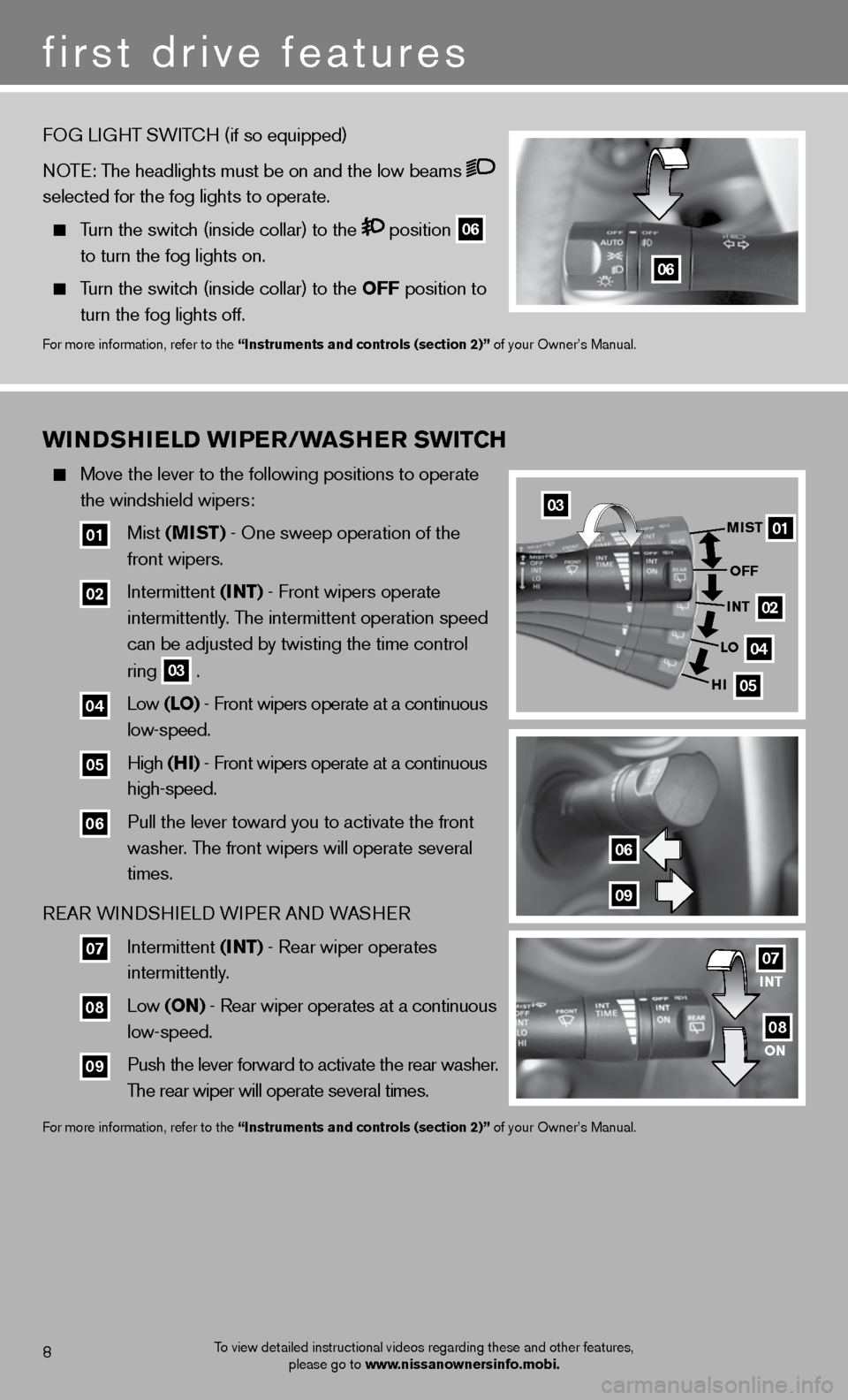 NISSAN CUBE 2012 3.G Quick Reference Guide first drive features
8
wINDSHIeLD w IPer/ waSHer Sw ITCH
Move the lever to the following positions to operate
the windshield wipers:
01 Mist (MIST) - One sweep operation of the
NISSAN CUBE 2012 3.G Quick Reference Guide first drive features
8
wINDSHIeLD w IPer/ waSHer Sw ITCH
Move the lever to the following positions to operate
the windshield wipers:
01 Mist (MIST) - One sweep operation of the