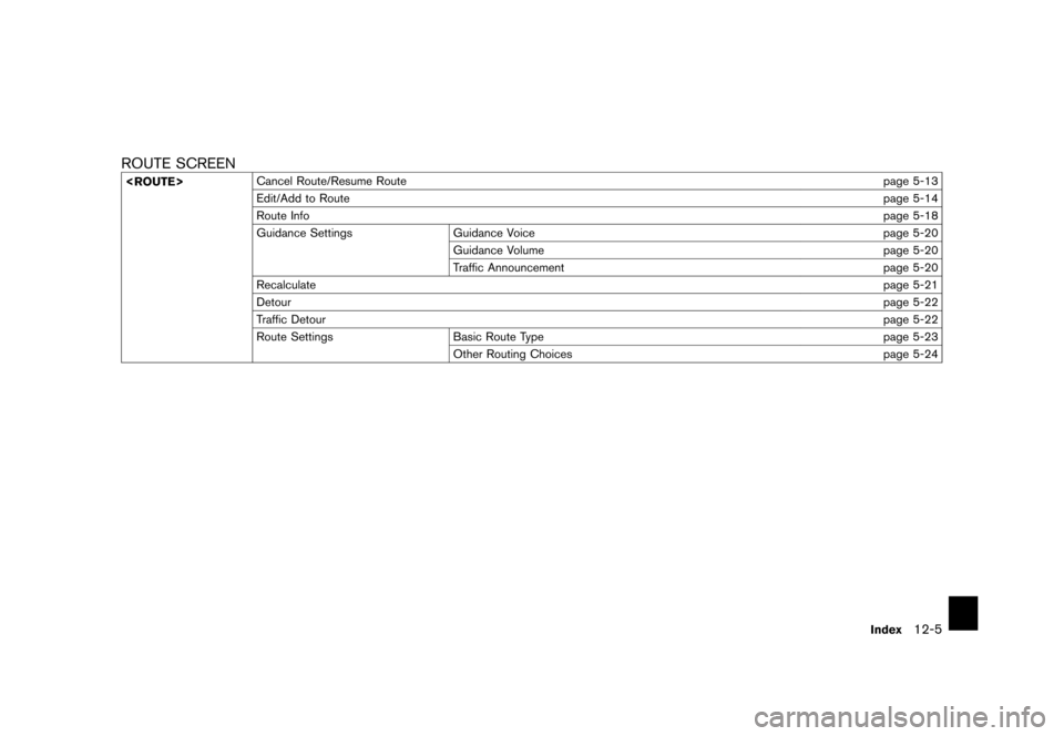NISSAN QUEST 2012 RE52 / 4.G 08IT Navigation Manual Black plate (235,1)
[ Edit: 2011/ 6/ 13 Model: 08NJ-N ]
ROUTE SCREEN<ROUTE> Cancel Route/Resume Route
page 5-13
Edit/Add to Route page 5-14
Route Info page 5-18
Guidance Settings Guidance Voice page 5