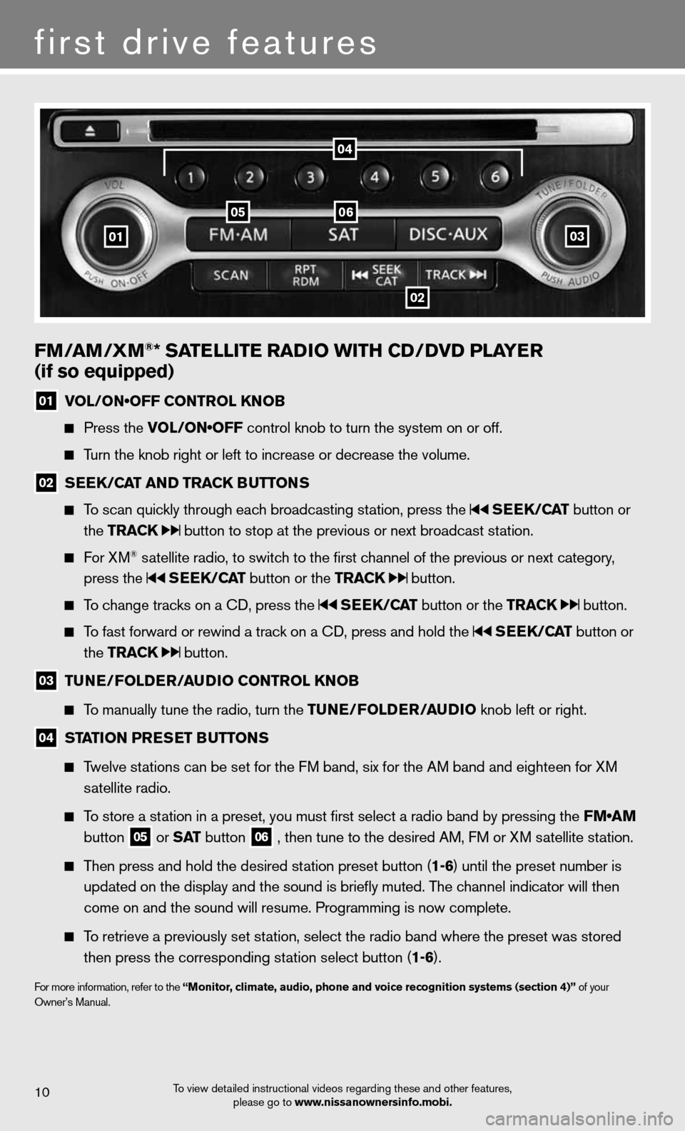 NISSAN MAXIMA 2012 A35 / 7.G Quick Reference Guide 10
first drive features
To view detailed instructional videos regarding these and other features, please go to www.nissanownersinfo.mobi.
fm/am /Xm®* satE llitE raD io With CD/DvD PlayE r 
(if so equ