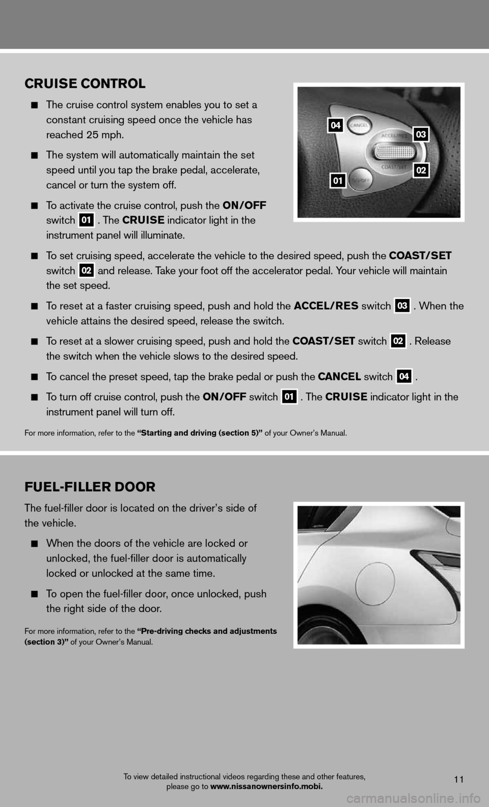 NISSAN MAXIMA 2012 A35 / 7.G Quick Reference Guide To view detailed instructional videos regarding these and other features, please go to www.nissanownersinfo.mobi.
fuEl-fillE r Door
The fuel-filler door is located on the driver’s side of
the vehi NISSAN MAXIMA 2012 A35 / 7.G Quick Reference Guide To view detailed instructional videos regarding these and other features, please go to www.nissanownersinfo.mobi.
fuEl-fillE r Door
The fuel-filler door is located on the driver’s side of
the vehi