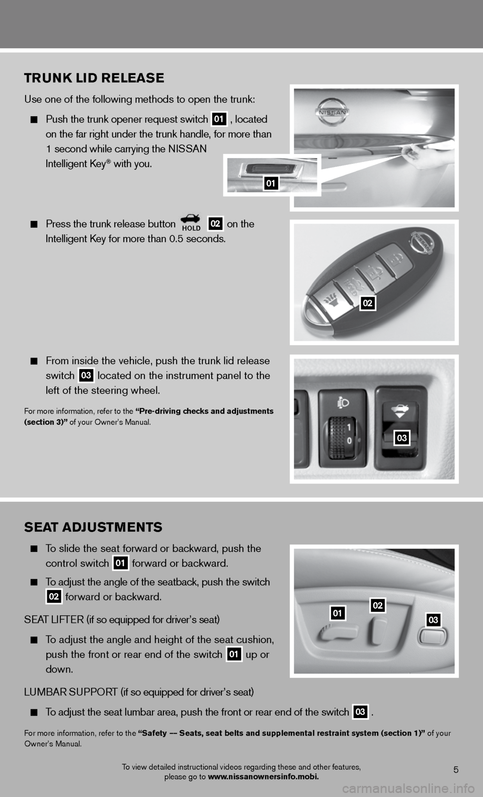 NISSAN MAXIMA 2012 A35 / 7.G Quick Reference Guide sEat aDJ ustmEnts
To slide the seat forward or backward, push the
control switch
01 forward or backward.
To adjust the angle of the seatback, push the switch
02 forward or backwa NISSAN MAXIMA 2012 A35 / 7.G Quick Reference Guide sEat aDJ ustmEnts
To slide the seat forward or backward, push the
control switch
01 forward or backward.
To adjust the angle of the seatback, push the switch
02 forward or backwa