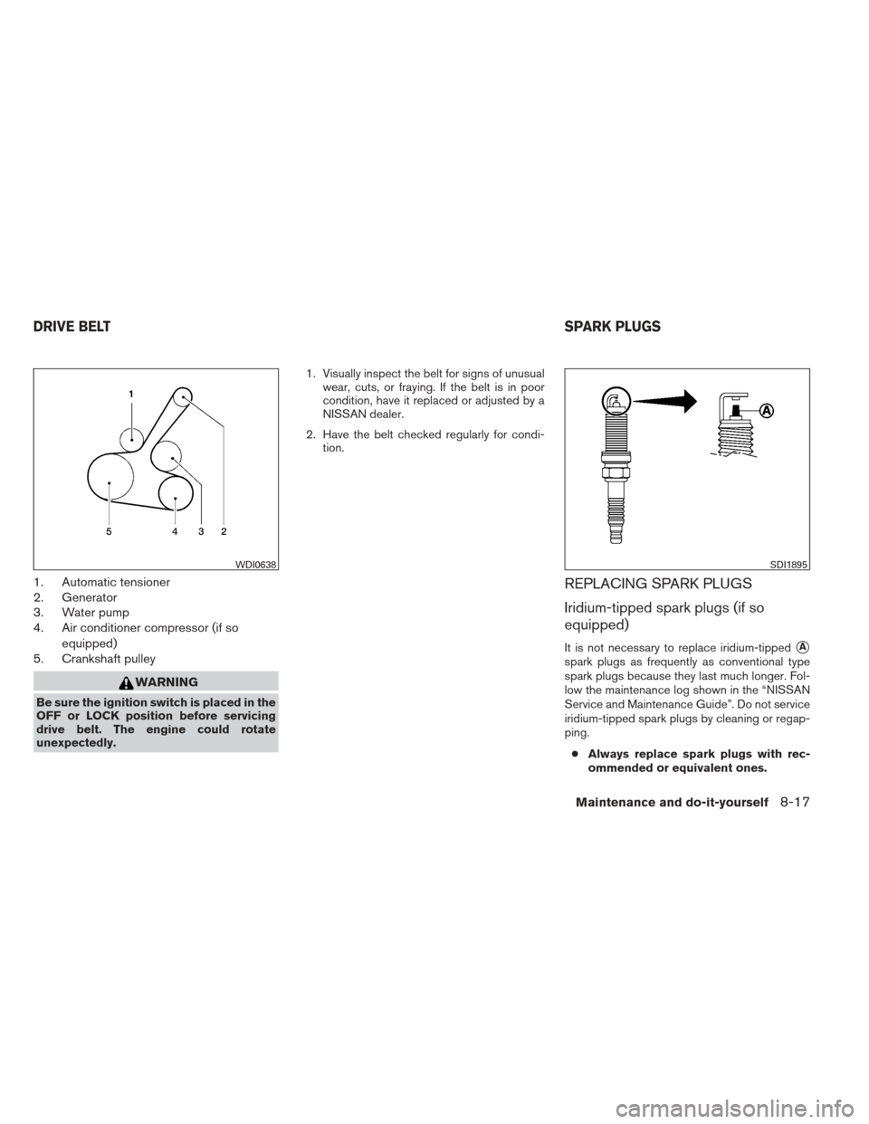 NISSAN VERSA HATCHBACK 2012 1.G Owners Manual 1. Automatic tensioner
2. Generator
3. Water pump
4. Air conditioner compressor (if soequipped)
5. Crankshaft pulley
WARNING
Be sure the ignition switch is placed in the
OFF or LOCK position before se