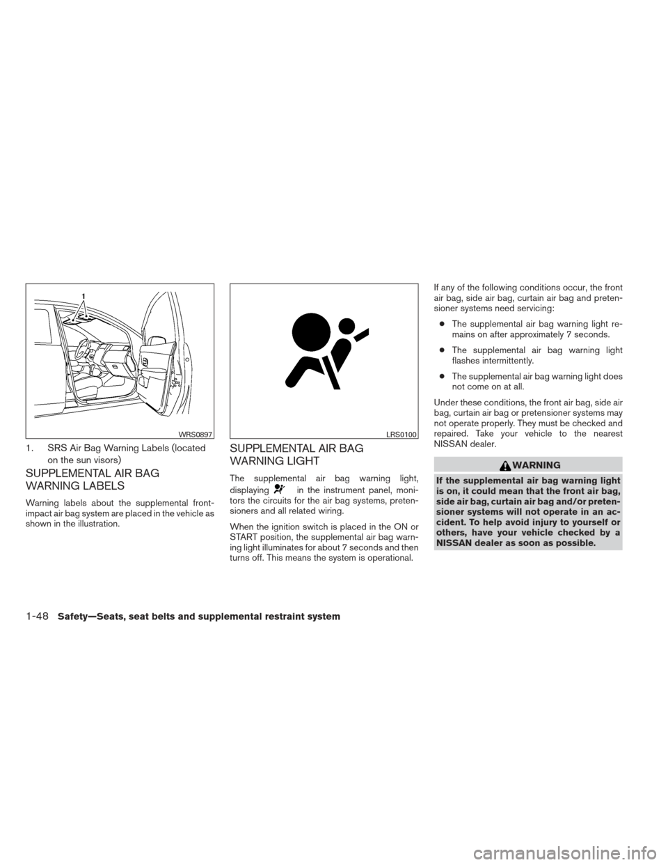 NISSAN VERSA HATCHBACK 2012 1.G Owners Manual 1. SRS Air Bag Warning Labels (locatedon the sun visors)
SUPPLEMENTAL AIR BAG
WARNING LABELS
Warning labels about the supplemental front-
impact air bag system are placed in the vehicle as
shown in th