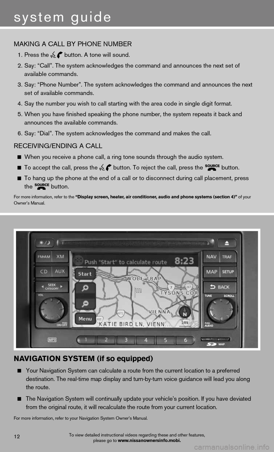 NISSAN VERSA HATCHBACK 2012 1.G Quick Reference Guide MAkinG A cALL bY PhOne nuMbeR
1. Press the
button. A tone will sound.
2. Say: “Call”. The system acknowledges the command and announces the next set of
available commands.
3. NISSAN VERSA HATCHBACK 2012 1.G Quick Reference Guide MAkinG A cALL bY PhOne nuMbeR
1. Press the
button. A tone will sound.
2. Say: “Call”. The system acknowledges the command and announces the next set of
available commands.
3.