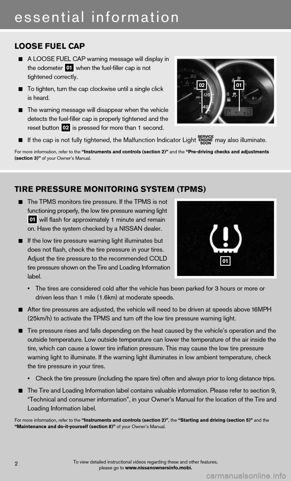 NISSAN VERSA HATCHBACK 2012 1.G Quick Reference Guide tirE Pr ESSurE monitorin G SyStE m (tPm S)
The TPMS monitors tire pressure. If the TPMS is not
functioning properly, the low tire pressure warning light
01 will flash for approximately 1 m NISSAN VERSA HATCHBACK 2012 1.G Quick Reference Guide tirE Pr ESSurE monitorin G SyStE m (tPm S)
The TPMS monitors tire pressure. If the TPMS is not
functioning properly, the low tire pressure warning light
01 will flash for approximately 1 m