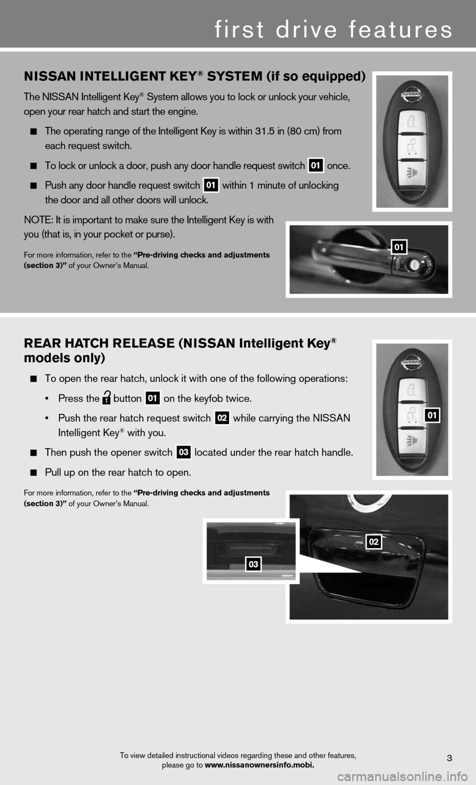 NISSAN VERSA HATCHBACK 2012 1.G Quick Reference Guide niSSan intE lliGE nt KEy® SyStE m (if so equipped)
the niSSAn intelligent key® System allows you to lock or unlock your vehicle,
open your rear hatch and start the engine.
The operating range o NISSAN VERSA HATCHBACK 2012 1.G Quick Reference Guide niSSan intE lliGE nt KEy® SyStE m (if so equipped)
the niSSAn intelligent key® System allows you to lock or unlock your vehicle,
open your rear hatch and start the engine.
The operating range o