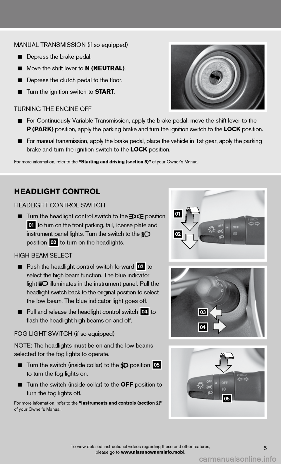 NISSAN VERSA HATCHBACK 2012 1.G Quick Reference Guide HEaDliGHt Control
heAdLiGht cOntROL SWitch
Turn the headlight control switch to the
position
01 to turn on the front parking, tail, license plate and
instrument panel lights. Turn NISSAN VERSA HATCHBACK 2012 1.G Quick Reference Guide HEaDliGHt Control
heAdLiGht cOntROL SWitch
Turn the headlight control switch to the
position
01 to turn on the front parking, tail, license plate and
instrument panel lights. Turn