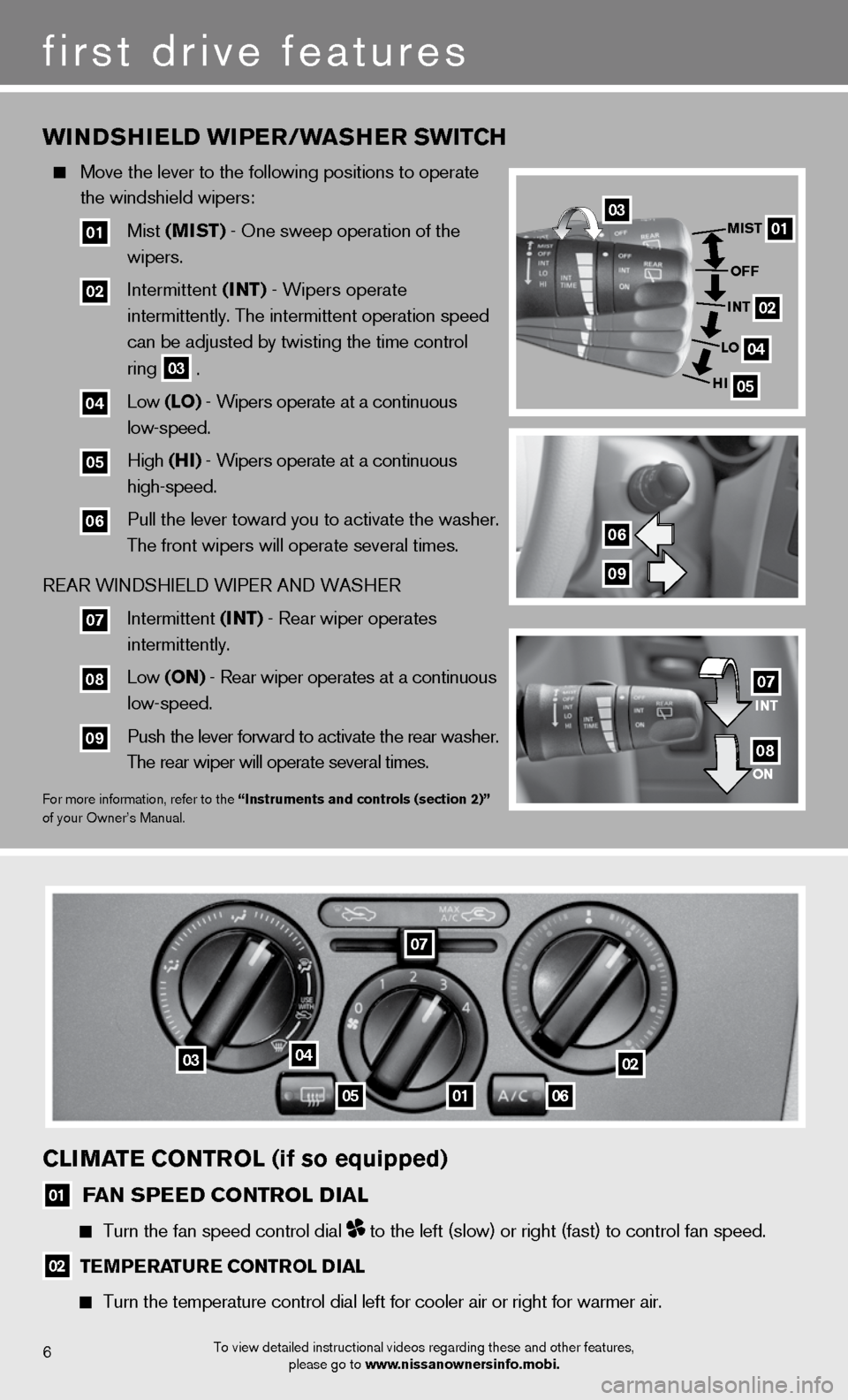 NISSAN VERSA HATCHBACK 2012 1.G Quick Reference Guide WinDSHiEl D WiPEr/W aSHEr SWitCH
Move the lever to the following positions to operate
the windshield wipers:
01 Mist (miSt) - One sweep operation of the
wipers.
02 interm NISSAN VERSA HATCHBACK 2012 1.G Quick Reference Guide WinDSHiEl D WiPEr/W aSHEr SWitCH
Move the lever to the following positions to operate
the windshield wipers:
01 Mist (miSt) - One sweep operation of the
wipers.
02 interm