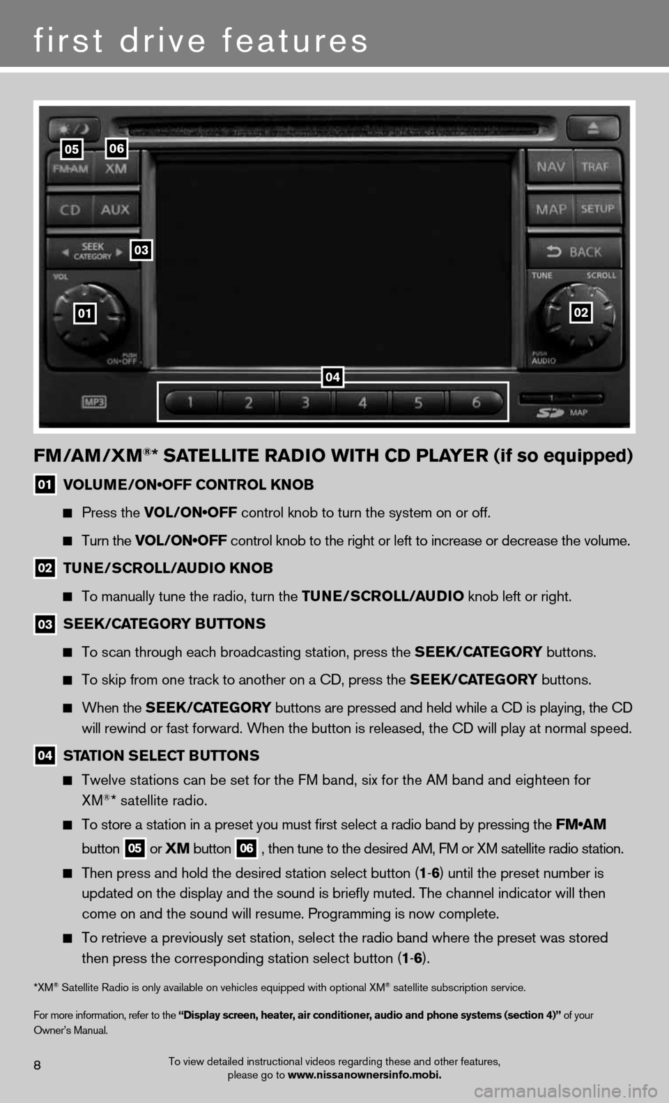 NISSAN VERSA HATCHBACK 2012 1.G Quick Reference Guide To view detailed instructional videos regarding these and other features, please go to www.nissanownersinfo.mobi.8
first drive features
fm/am /Xm®* SatE llitE raD io WitH CD PlayE r (if so equipped)
NISSAN VERSA HATCHBACK 2012 1.G Quick Reference Guide To view detailed instructional videos regarding these and other features, please go to www.nissanownersinfo.mobi.8
first drive features
fm/am /Xm®* SatE llitE raD io WitH CD PlayE r (if so equipped)