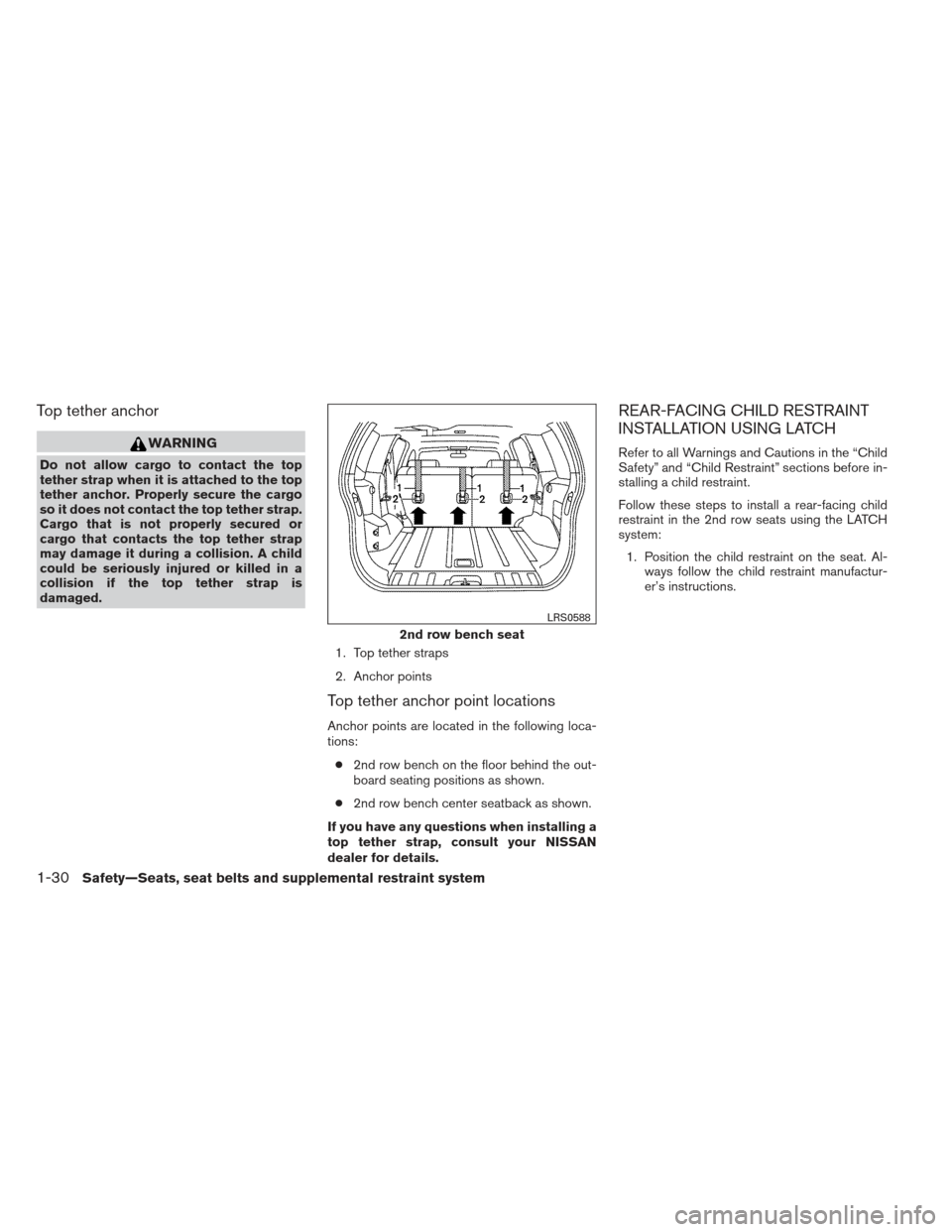NISSAN XTERRA 2012 N50 / 2.G Owners Manual Top tether anchor
WARNING
Do not allow cargo to contact the top
tether strap when it is attached to the top
tether anchor. Properly secure the cargo
so it does not contact the top tether strap.
Cargo NISSAN XTERRA 2012 N50 / 2.G Owners Manual Top tether anchor
WARNING
Do not allow cargo to contact the top
tether strap when it is attached to the top
tether anchor. Properly secure the cargo
so it does not contact the top tether strap.
Cargo