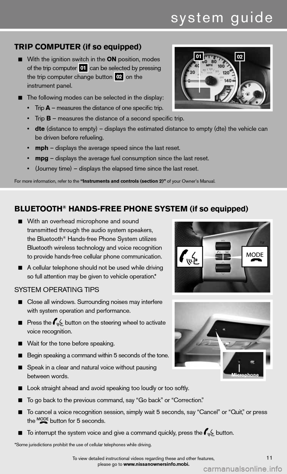 NISSAN XTERRA 2012 N50 / 2.G Quick Reference Guide triP Com PutEr (if so equipped)
With the ignition switch in the on position, modes
of the trip computer
01 can be selected by pressing
the trip computer change button
02 on the
ins NISSAN XTERRA 2012 N50 / 2.G Quick Reference Guide triP Com PutEr (if so equipped)
With the ignition switch in the on position, modes
of the trip computer
01 can be selected by pressing
the trip computer change button
02 on the
ins
