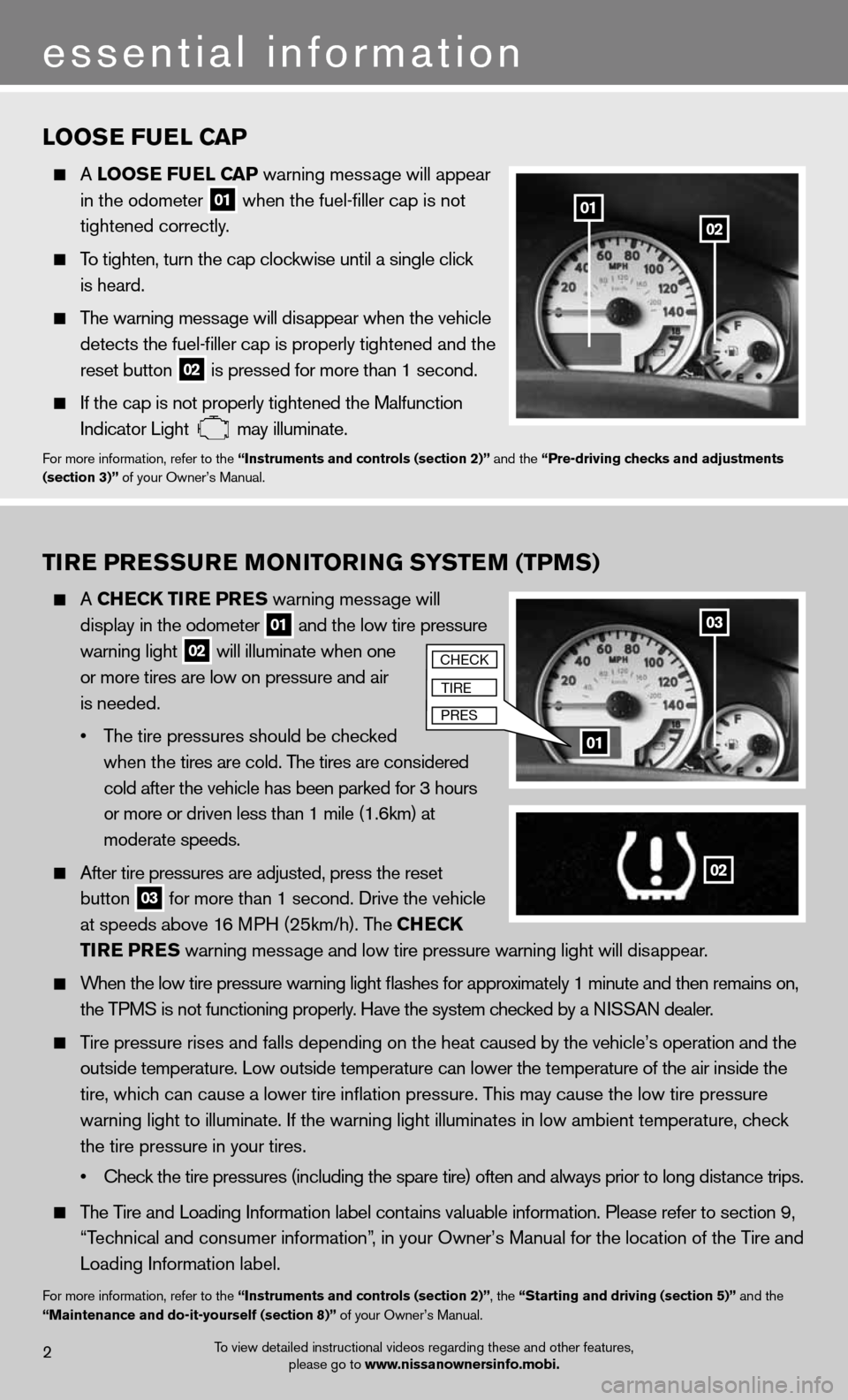NISSAN XTERRA 2012 N50 / 2.G Quick Reference Guide 2
essential information
0201
03
01
loosE fuEl C aP
A loos E fuEl CaP warning message will appear
in the odometer
01 when the fuel-filler cap is not
tightened correctly.
To tighten, NISSAN XTERRA 2012 N50 / 2.G Quick Reference Guide 2
essential information
0201
03
01
loosE fuEl C aP
A loos E fuEl CaP warning message will appear
in the odometer
01 when the fuel-filler cap is not
tightened correctly.
To tighten,