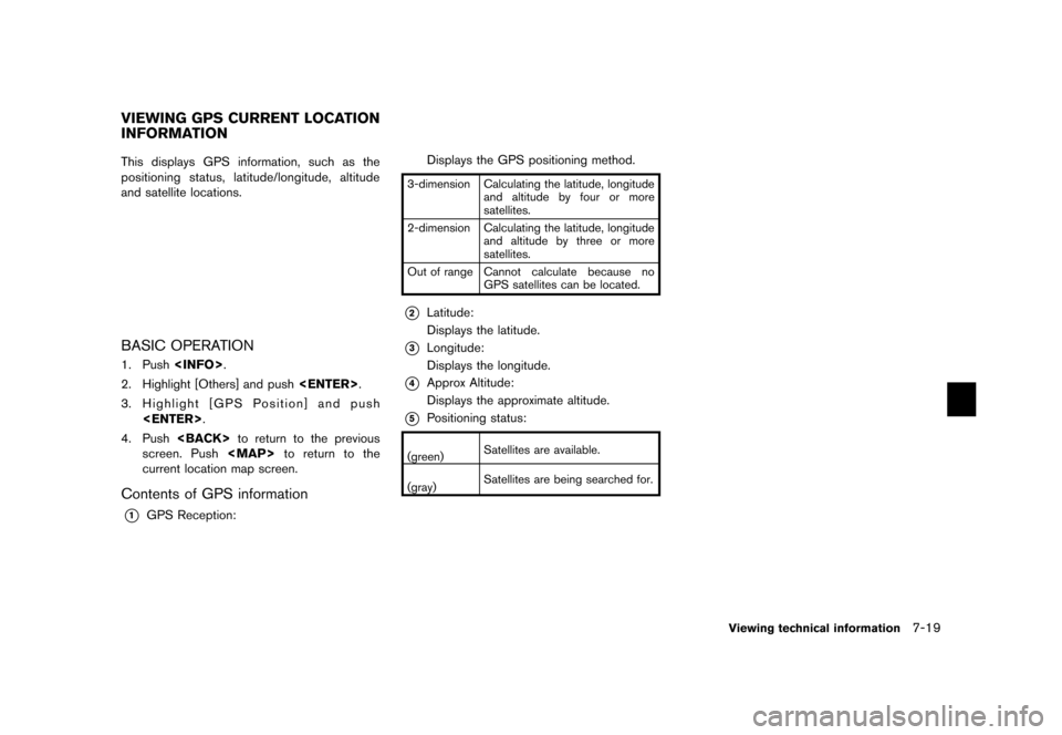 NISSAN MAXIMA 2015 A35 / 7.G 08IT Navigation Manual Black plate (157,1)
[ Edit: 2012/ 4/ 11 Model: 08NJ-N ]
GUID-B1670433-8AF2-4A94-BAA8-F27CCA70834EThis displays GPS information, such as the
positioning status, latitude/longitude, altitude
and satelli