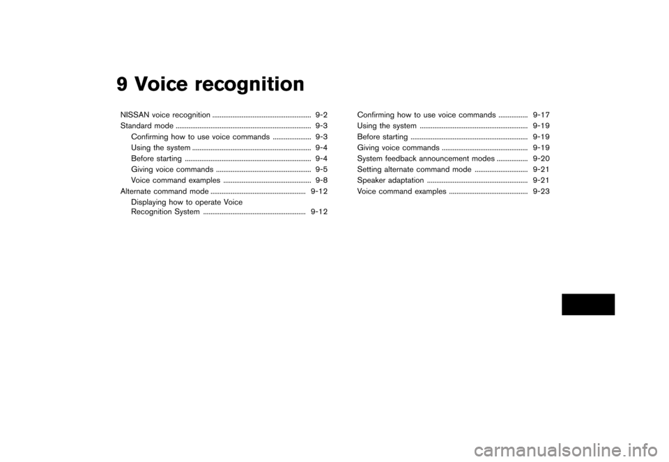 NISSAN MAXIMA 2015 A35 / 7.G 08IT Navigation Manual Black plate (175,1)
[ Edit: 2012/ 4/ 11 Model: 08NJ-N ]
9 Voice recognition
NISSAN voice recognition...
...................................................... 9-2
Standard mode ...
...................