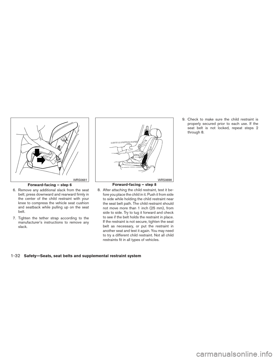 NISSAN ALTIMA 2013 L33 / 5.G Owners Manual 6. Remove any additional slack from the seatbelt; press downward and rearward firmly in
the center of the child restraint with your
knee to compress the vehicle seat cushion
and seatback while pulling NISSAN ALTIMA 2013 L33 / 5.G Owners Manual 6. Remove any additional slack from the seatbelt; press downward and rearward firmly in
the center of the child restraint with your
knee to compress the vehicle seat cushion
and seatback while pulling