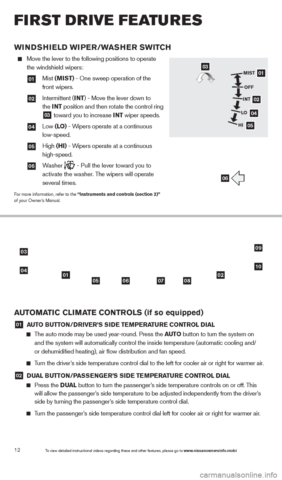 NISSAN ALTIMA 2013 L33 / 5.G Quick Reference Guide WINDSHIELD WIP ER/ WA SHER SW ITCH
Move the lever to the following positions to operate
the windshield wipers:
01 Mist (MIST) - One sweep operation of the
front wipers.
02 Intermit NISSAN ALTIMA 2013 L33 / 5.G Quick Reference Guide WINDSHIELD WIP ER/ WA SHER SW ITCH
Move the lever to the following positions to operate
the windshield wipers:
01 Mist (MIST) - One sweep operation of the
front wipers.
02 Intermit