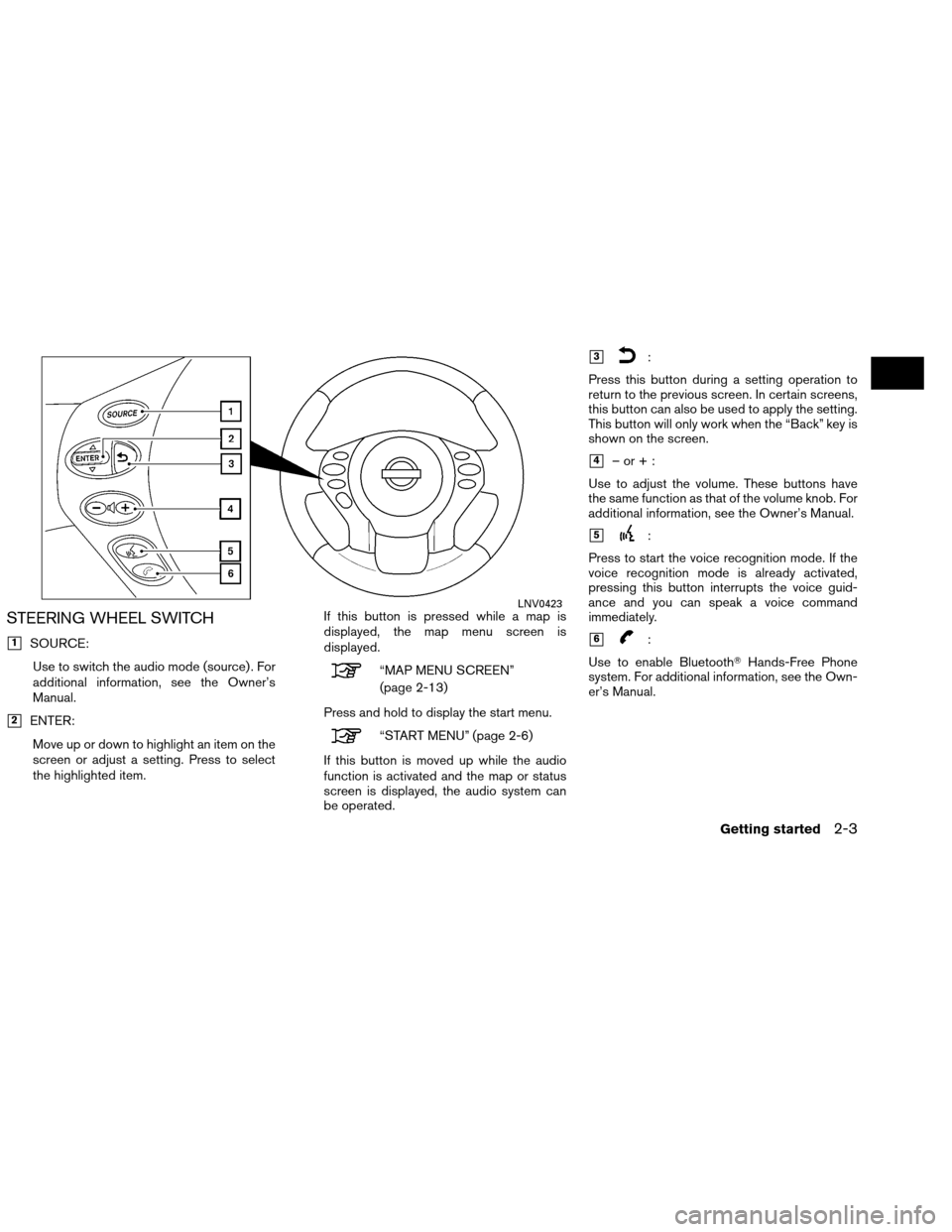 NISSAN ALTIMA COUPE 2013 D32 / 4.G Navigation Manual STEERING WHEEL SWITCH
1SOURCE:Use to switch the audio mode (source) . For
additional information, see the Owner’s
Manual.
2ENTER:Move up or down to highlight an item on the
screen or adjust a sett NISSAN ALTIMA COUPE 2013 D32 / 4.G Navigation Manual STEERING WHEEL SWITCH
1SOURCE:Use to switch the audio mode (source) . For
additional information, see the Owner’s
Manual.
2ENTER:Move up or down to highlight an item on the
screen or adjust a sett