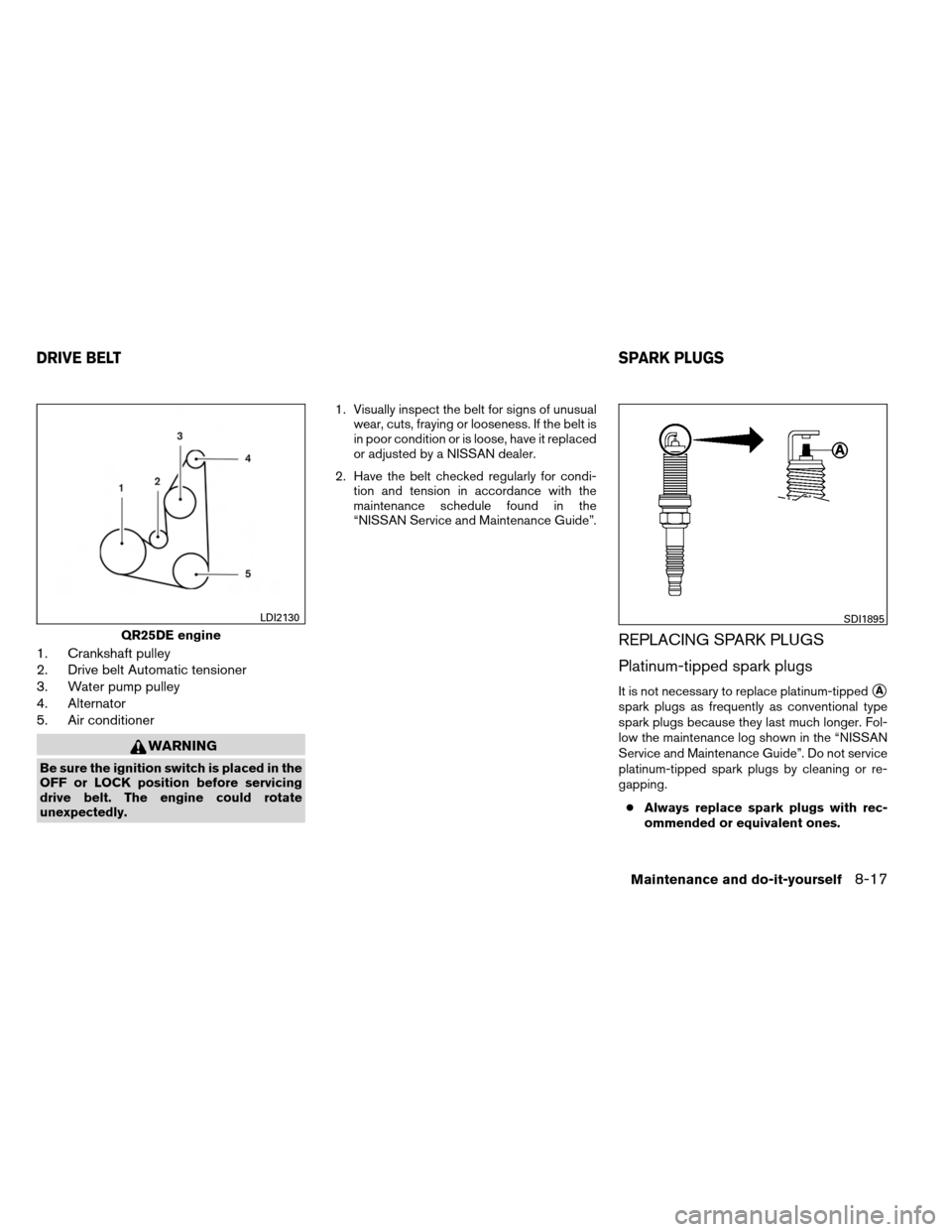 NISSAN ALTIMA COUPE 2013 D32 / 4.G Owners Manual 1. Crankshaft pulley
2. Drive belt Automatic tensioner
3. Water pump pulley
4. Alternator
5. Air conditioner
WARNING
Be sure the ignition switch is placed in the
OFF or LOCK position before servicing
NISSAN ALTIMA COUPE 2013 D32 / 4.G Owners Manual 1. Crankshaft pulley
2. Drive belt Automatic tensioner
3. Water pump pulley
4. Alternator
5. Air conditioner
WARNING
Be sure the ignition switch is placed in the
OFF or LOCK position before servicing
