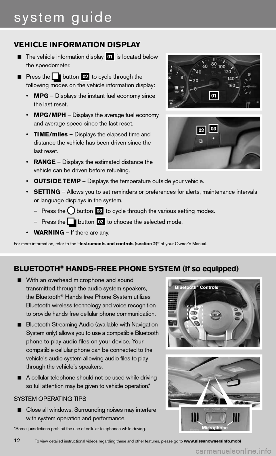 NISSAN ALTIMA COUPE 2013 D32 / 4.G Quick Reference Guide BLUETOOTh® hANDS-FREE PhONE SYSTEM (if so equipped)
  With an overhead microphone and sound  
    transmitted through the audio system speakers, 
    the Bluetooth
® Hands-free Phone System utilizes