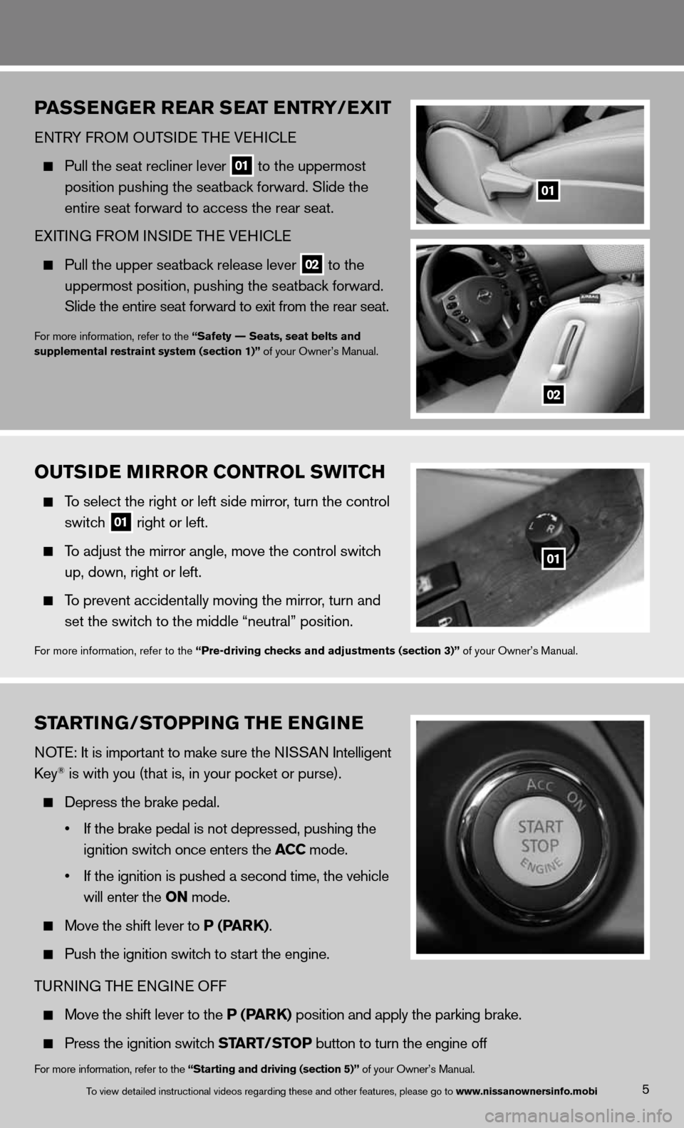 NISSAN ALTIMA COUPE 2013 D32 / 4.G Quick Reference Guide OUTSIDE MIRROR CONTROL SWITCh
  To select the right or left side mirror , turn the control 
   switch
 
01 right or left.
 
  To adjust the mirror angle, move the control switch
    up, down, right or