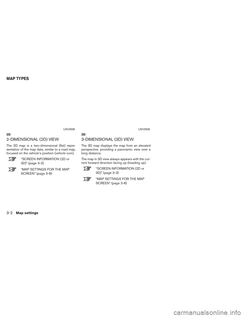 NISSAN XTERRA 2013 N50 / 2.G LC2 Navigation Manual 2-DIMENSIONAL (2D) VIEW
The 2D map is a two-dimensional (flat) repre-
sentation of the map data, similar to a road map,
focused on the vehicle’s position (vehicle icon) .
“SCREEN INFORMATION (2D o