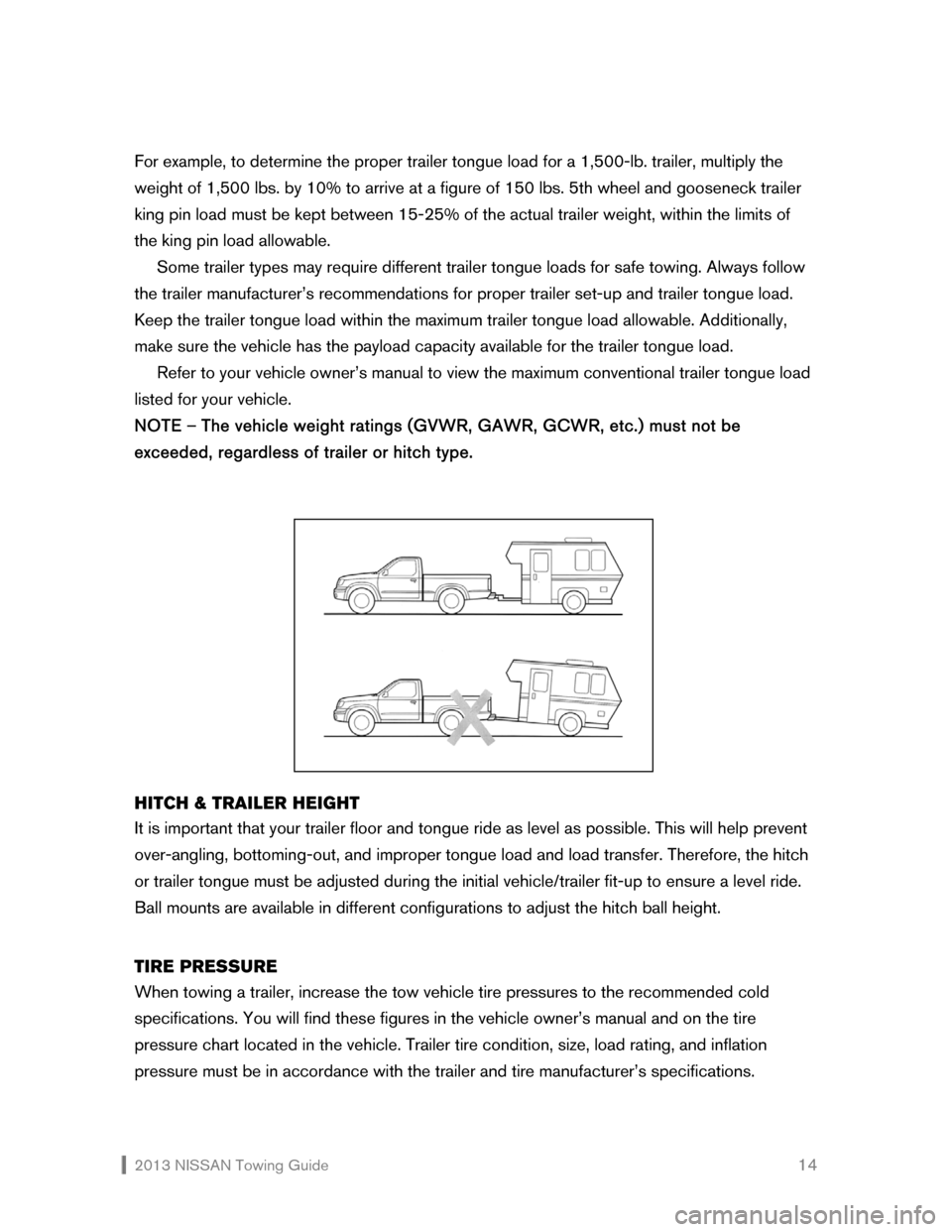 NISSAN CUBE 2013 3.G Towing Guide 2013 NISSAN Towing Guide 14 For example, to determine the proper trailer tongue load for a 1,500-lb. trailer, multiply the
weight of 1,500 lbs. by 10% to arrive at a figure of 150 lbs. 5th wheel NISSAN CUBE 2013 3.G Towing Guide 2013 NISSAN Towing Guide 14 For example, to determine the proper trailer tongue load for a 1,500-lb. trailer, multiply the
weight of 1,500 lbs. by 10% to arrive at a figure of 150 lbs. 5th wheel