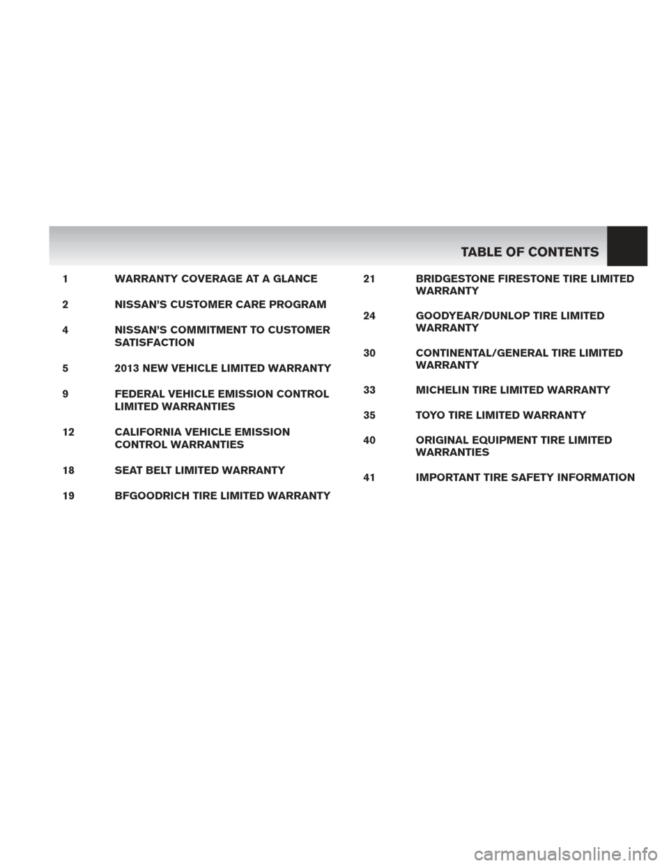 NISSAN CUBE 2013 3.G Warranty Booklet 1 WARRANTY COVERAGE AT A GLANCE
2 NISSAN’S CUSTOMER CARE PROGRAM
4 NISSAN’S COMMITMENT TO CUSTOMERSATISFACTION
5 2013 NEW VEHICLE LIMITED WARRANTY
9 FEDERAL VEHICLE EMISSION CONTROL LIMITED WARRAN