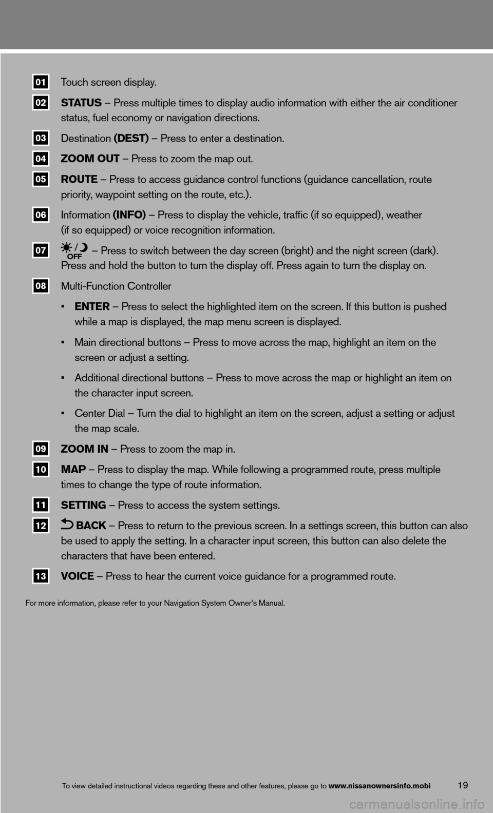 NISSAN 370Z COUPE 2013 Z34 Quick Reference Guide 19
01 \bouch screen displa\my.
02 ST\fTUS – Press mul\fiple \fi\mmes \fo display audi\mo informa\fion wi\fh e\mi\fher \fhe air condi\m\fioner
s\fa\fus, fuel economy\m or naviga\fion d NISSAN 370Z COUPE 2013 Z34 Quick Reference Guide 19
01 \bouch screen displa\my.
02 ST\fTUS – Press mul\fiple \fi\mmes \fo display audi\mo informa\fion wi\fh e\mi\fher \fhe air condi\m\fioner
s\fa\fus, fuel economy\m or naviga\fion d