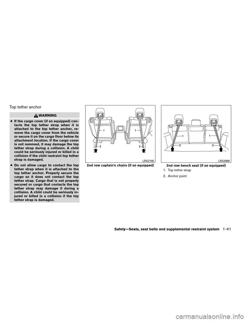 NISSAN ARMADA 2013 1.G Owners Manual Top tether anchor
WARNING
●If the cargo cover (if so equipped) con-
tacts the top tether strap when it is
attached to the top tether anchor, re-
move the cargo cover from the vehicle
or secure it on NISSAN ARMADA 2013 1.G Owners Manual Top tether anchor
WARNING
●If the cargo cover (if so equipped) con-
tacts the top tether strap when it is
attached to the top tether anchor, re-
move the cargo cover from the vehicle
or secure it on