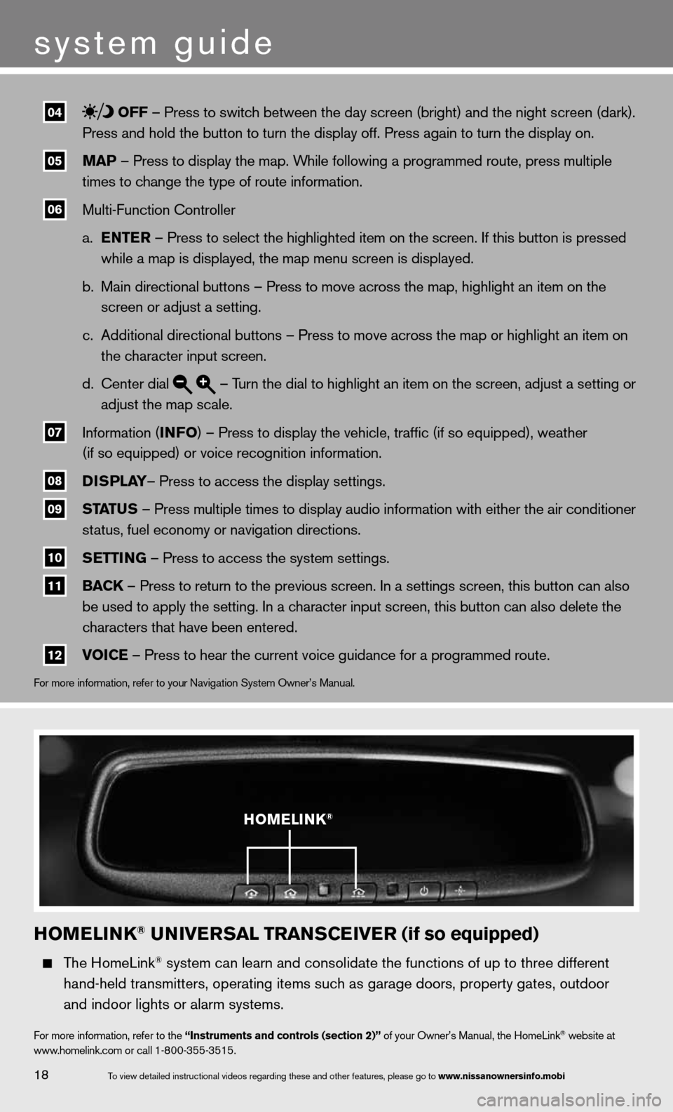 NISSAN ARMADA 2013 1.G Quick Reference Guide  04  off – Press to switch between the day screen (bright) and the night screen (dark). 
 
      Press and hold the button to turn the display off. Press again to turn t\
he display on.  
 
05  maP 