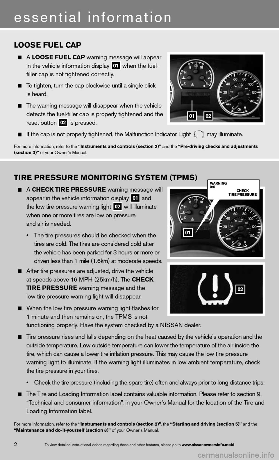 NISSAN ARMADA 2013 1.G Quick Reference Guide tirE Pr Essur E monitorin G systEm (tPms)
  A ChEC k tirE  PrEssurE  warning message will
 
   appear in the vehicle information display 
01 and 
    the low tire pressure warning light 02 will illumi
